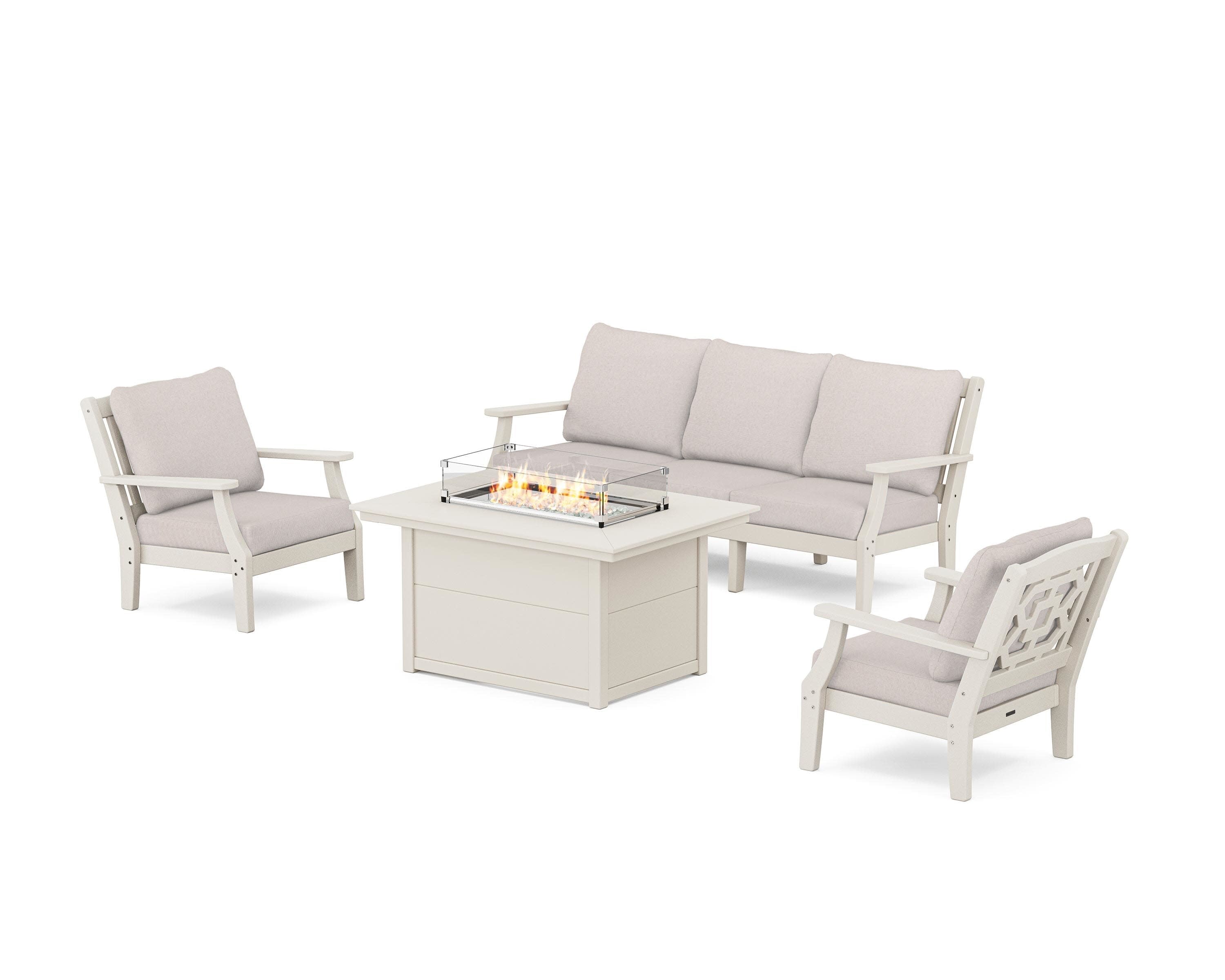 Chinoiserie Deep Seating Fire Pit Table Set in Sand / Dune Burlap