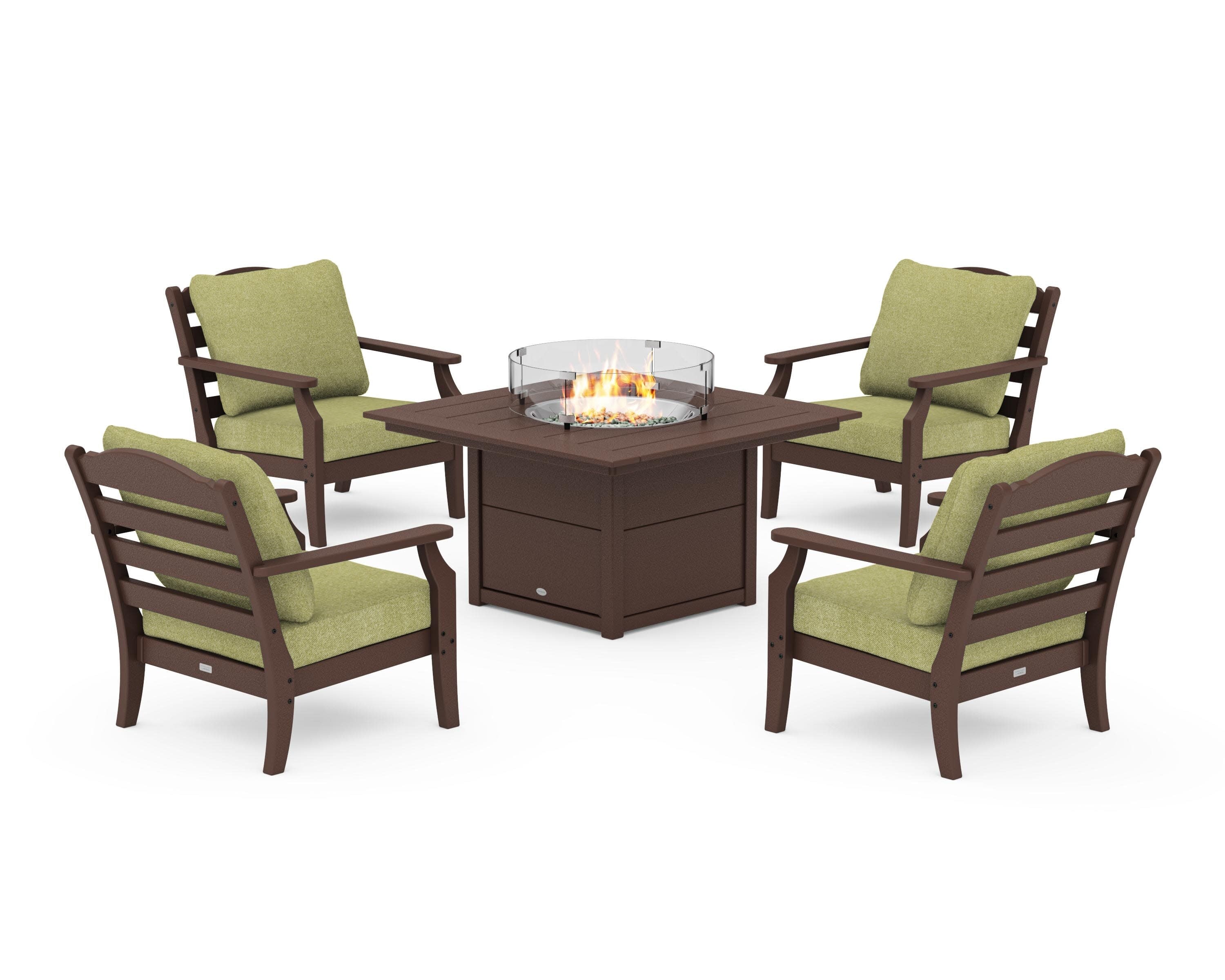 Savannah 5-Piece Deep Seating Set with Fire Pit Table in Mahogany / Chartreuse Boucle