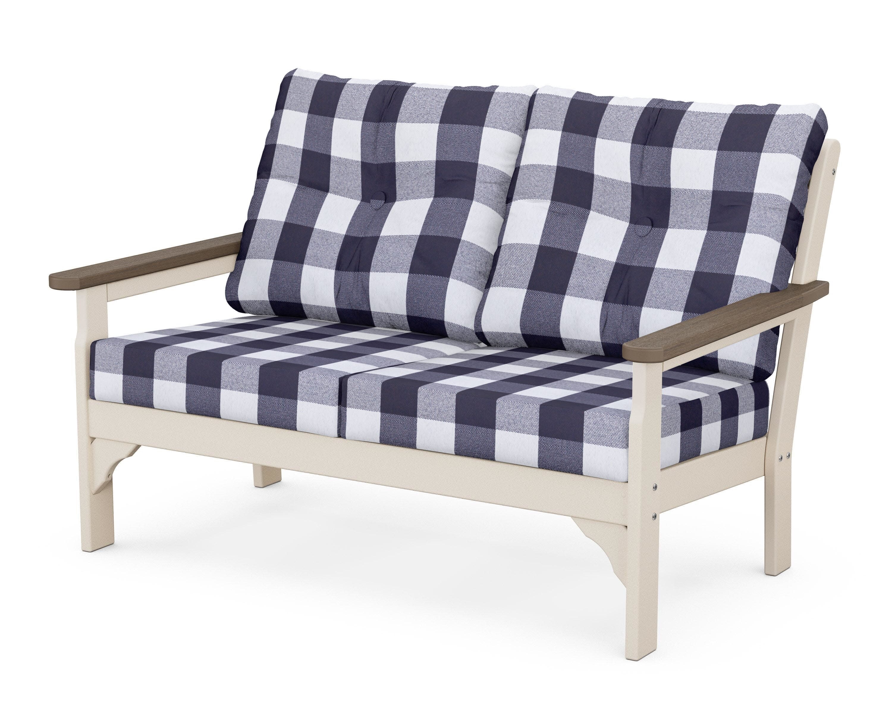 Vineyard Deep Seating Loveseat in Sand / Kona / Buffalo Plaid Navy