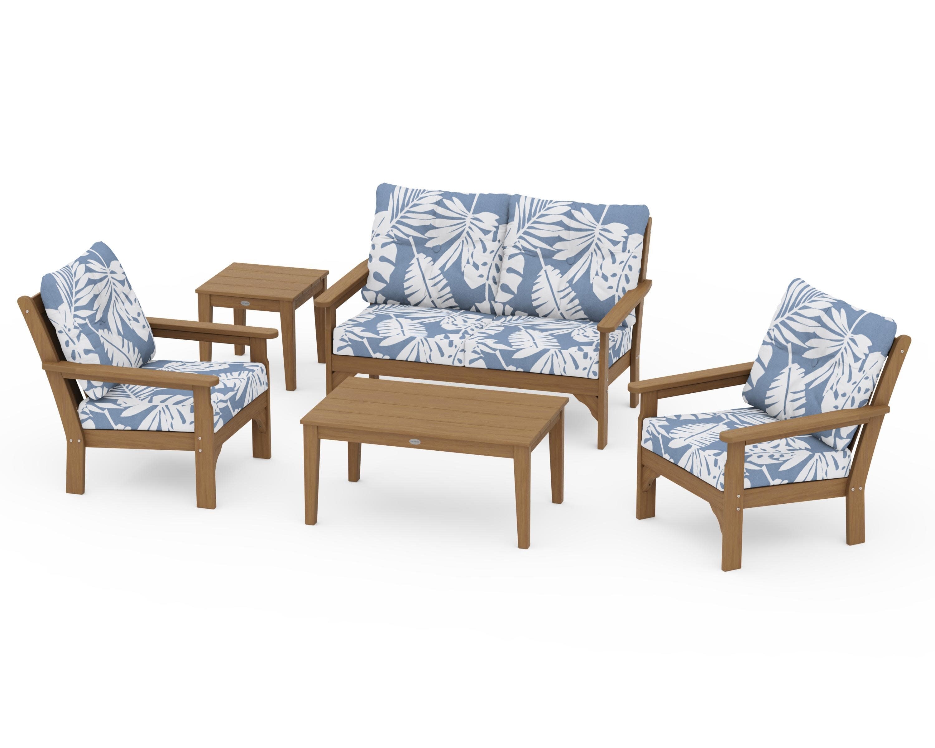 Vineyard 5-Piece Deep Seating Set in Natural / Leaf Sky Blue