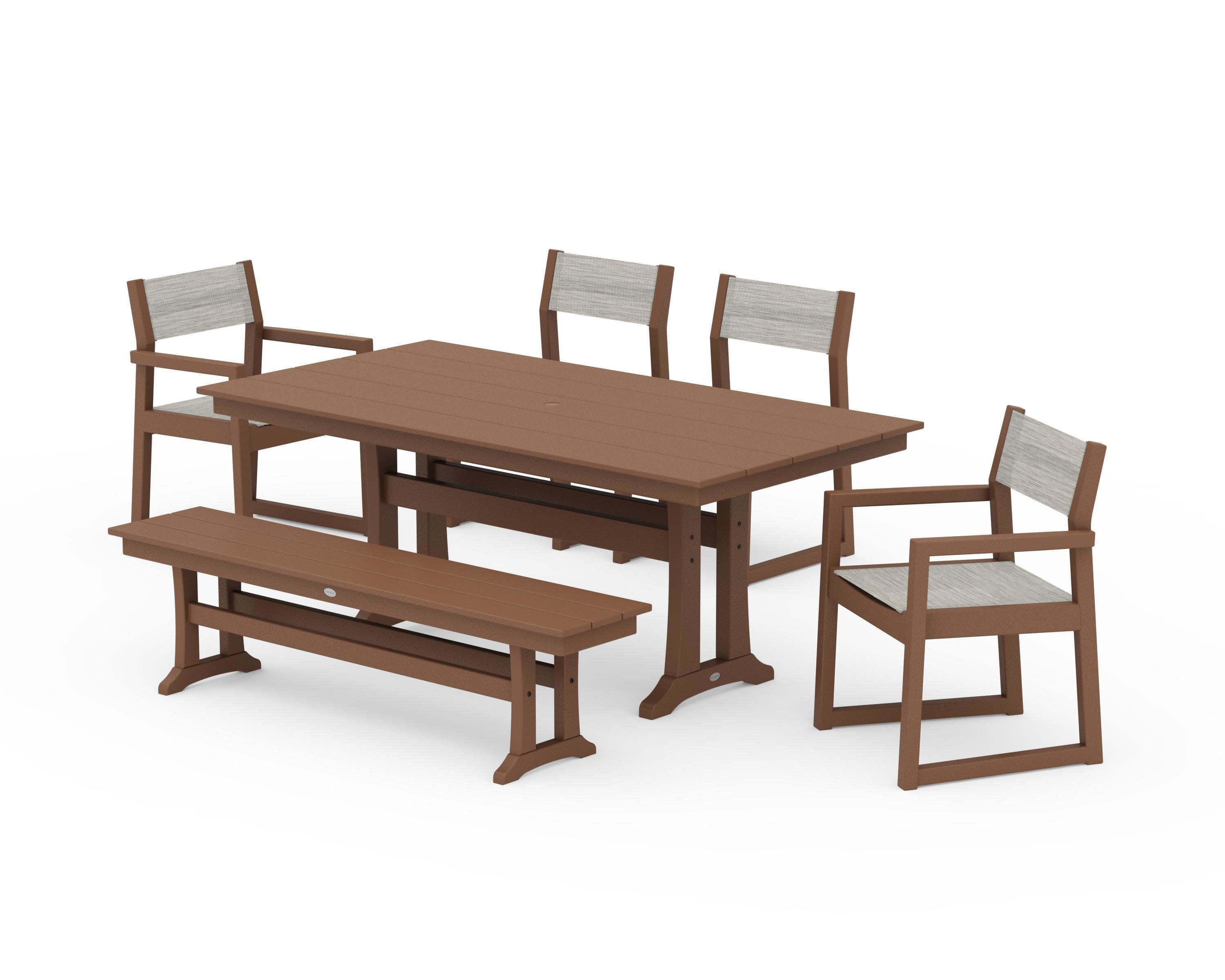 EDGE Sling 6-Piece Farmhouse Dining Set With Trestle Legs in Teak / Birch Sling