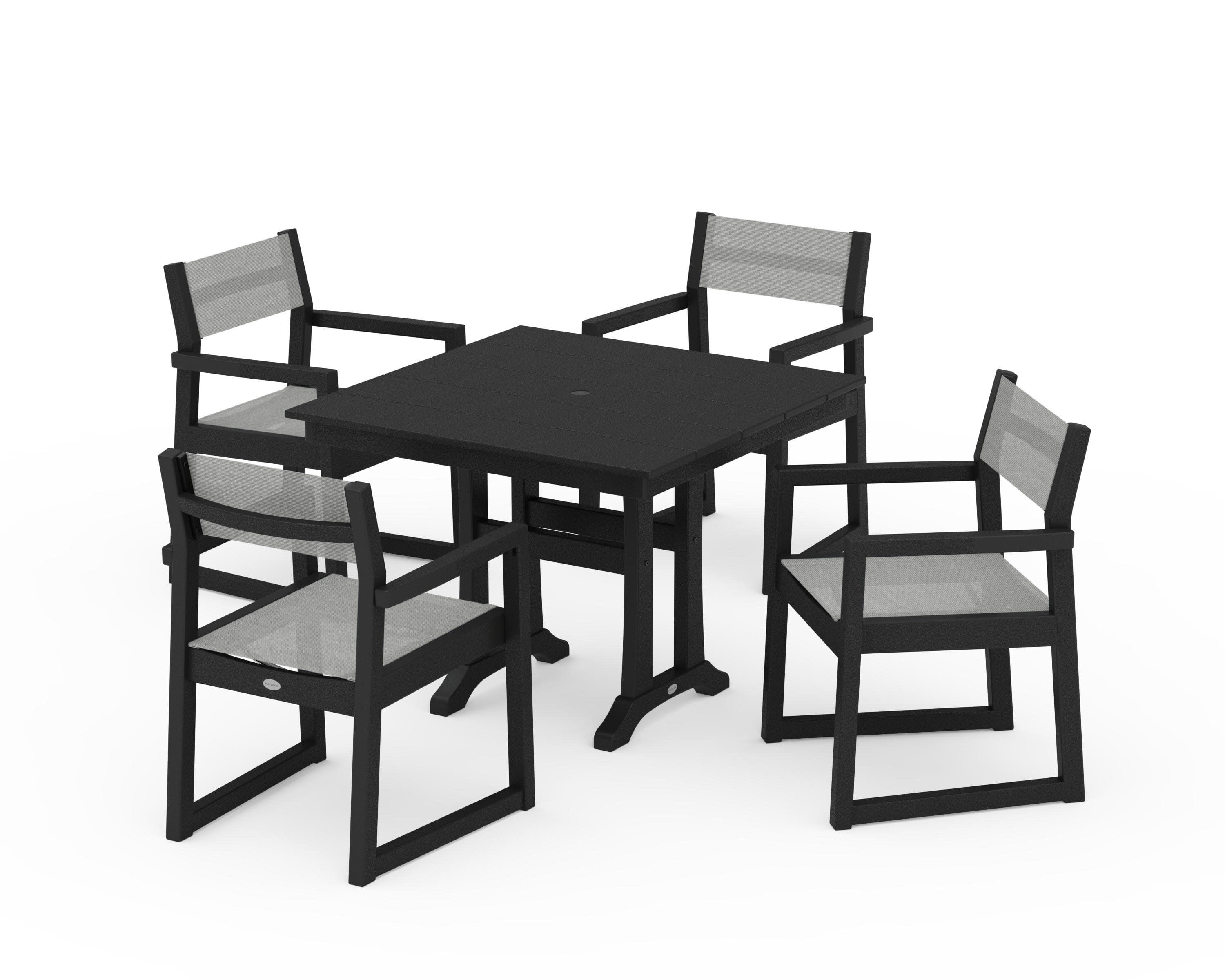EDGE Sling 5-Piece Farmhouse Dining Set with Trestle Legs in Black / Metallic Sling