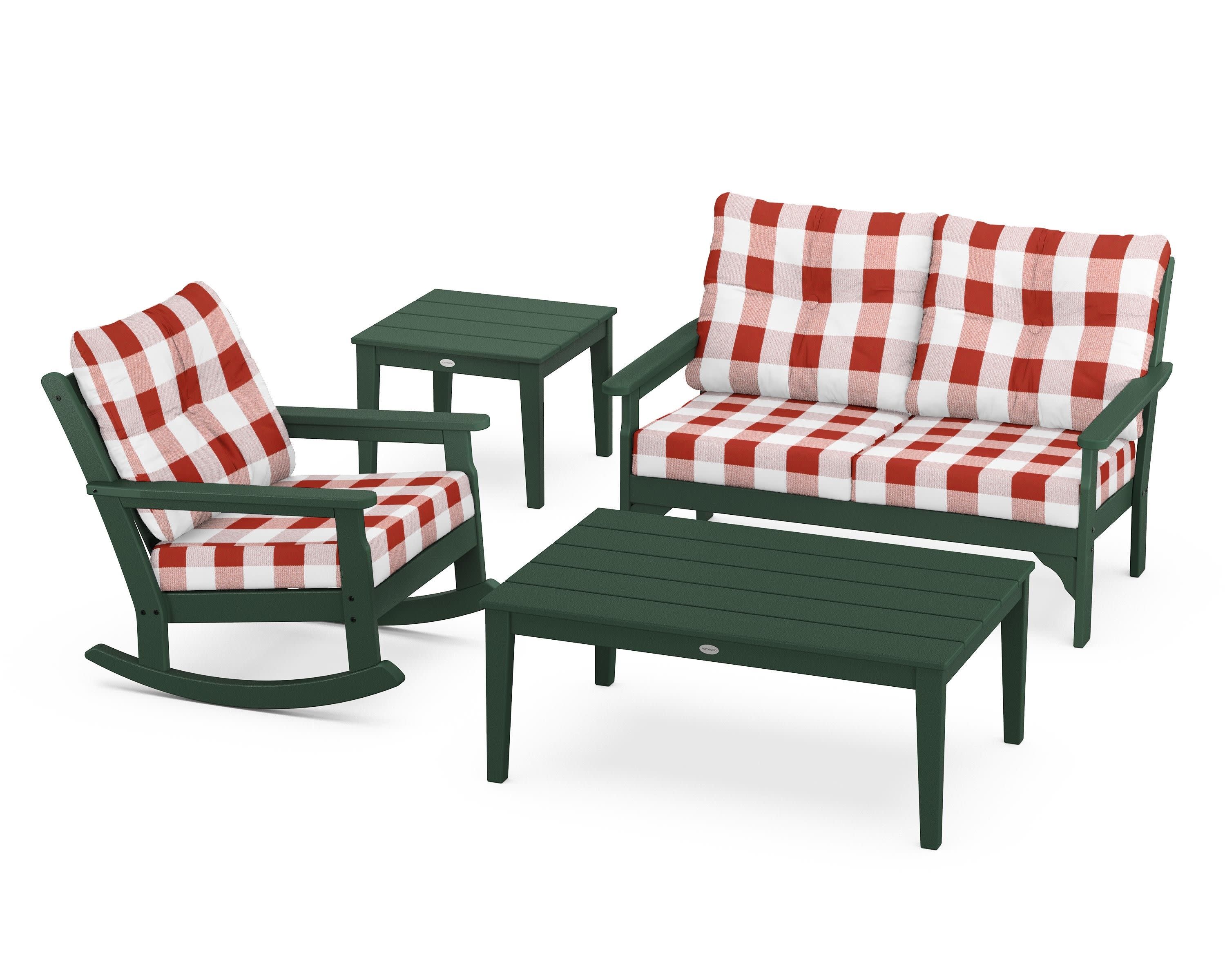 Vineyard 4-Piece Deep Seating Rocker Set in Green / Buffalo Plaid Crimson
