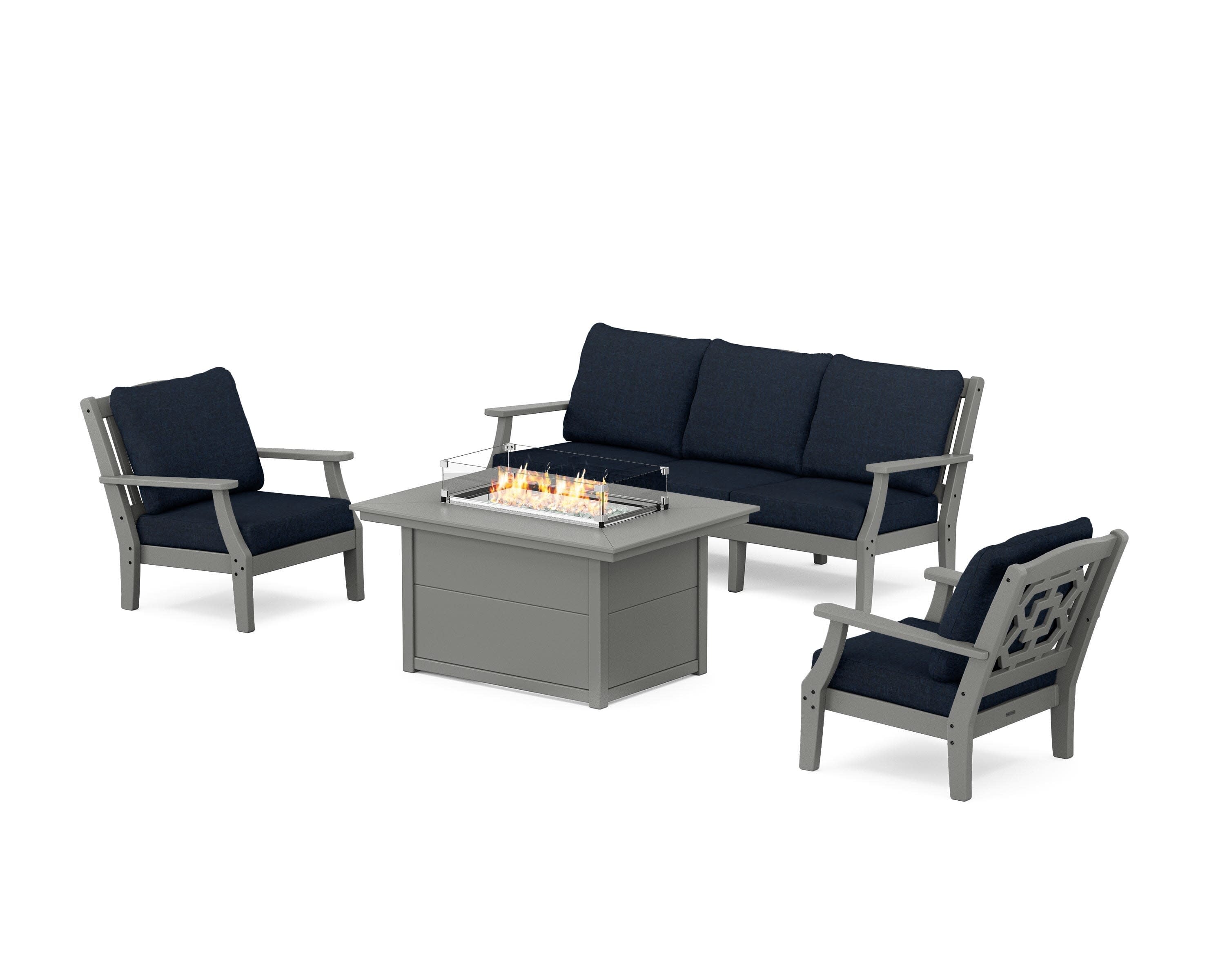 Chinoiserie Deep Seating Fire Pit Table Set in Slate Grey / Marine Indigo