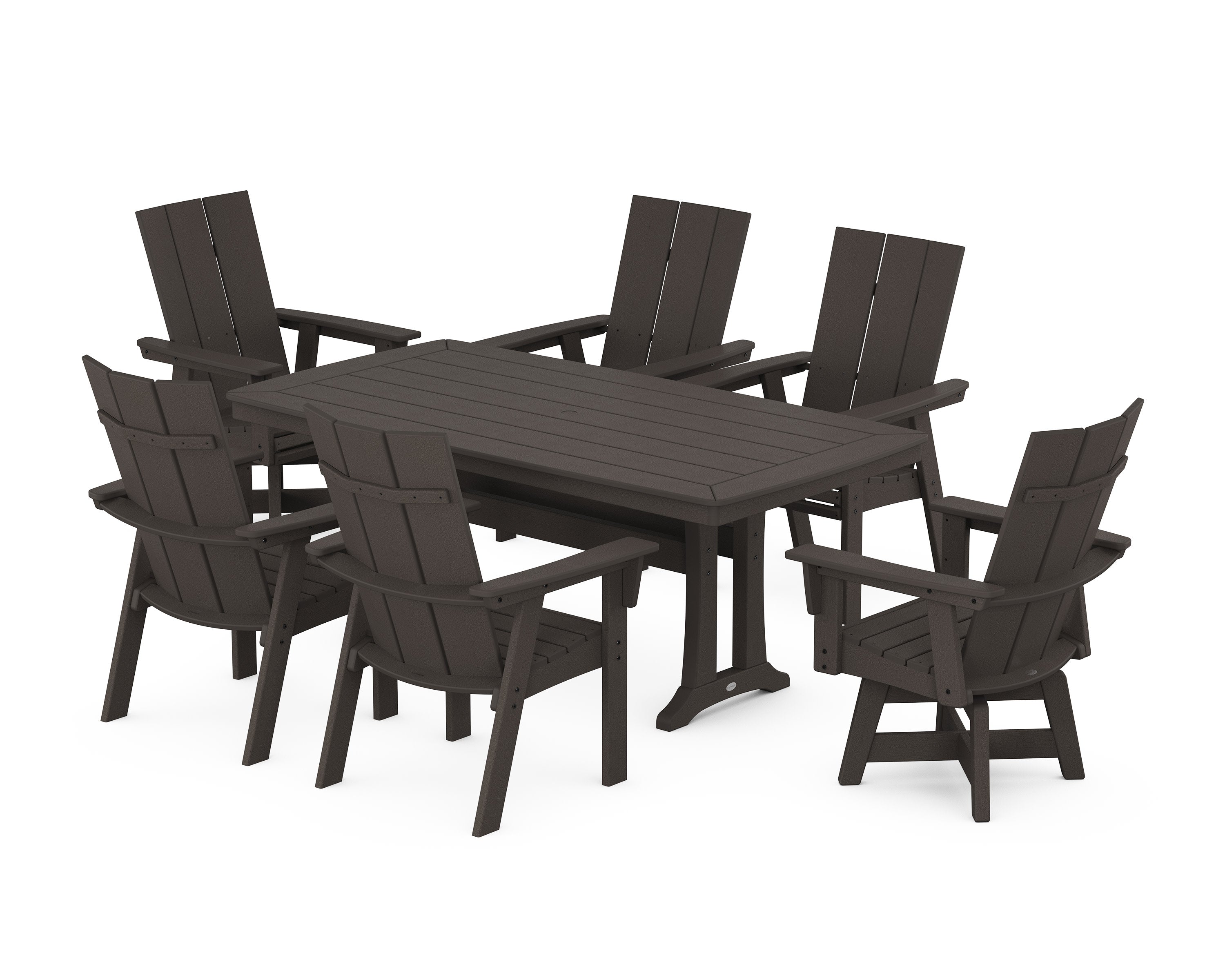 Modern Adirondack Swivel Chair 7-Piece Dining Set with Trestle Legs in Vintage Coffee
