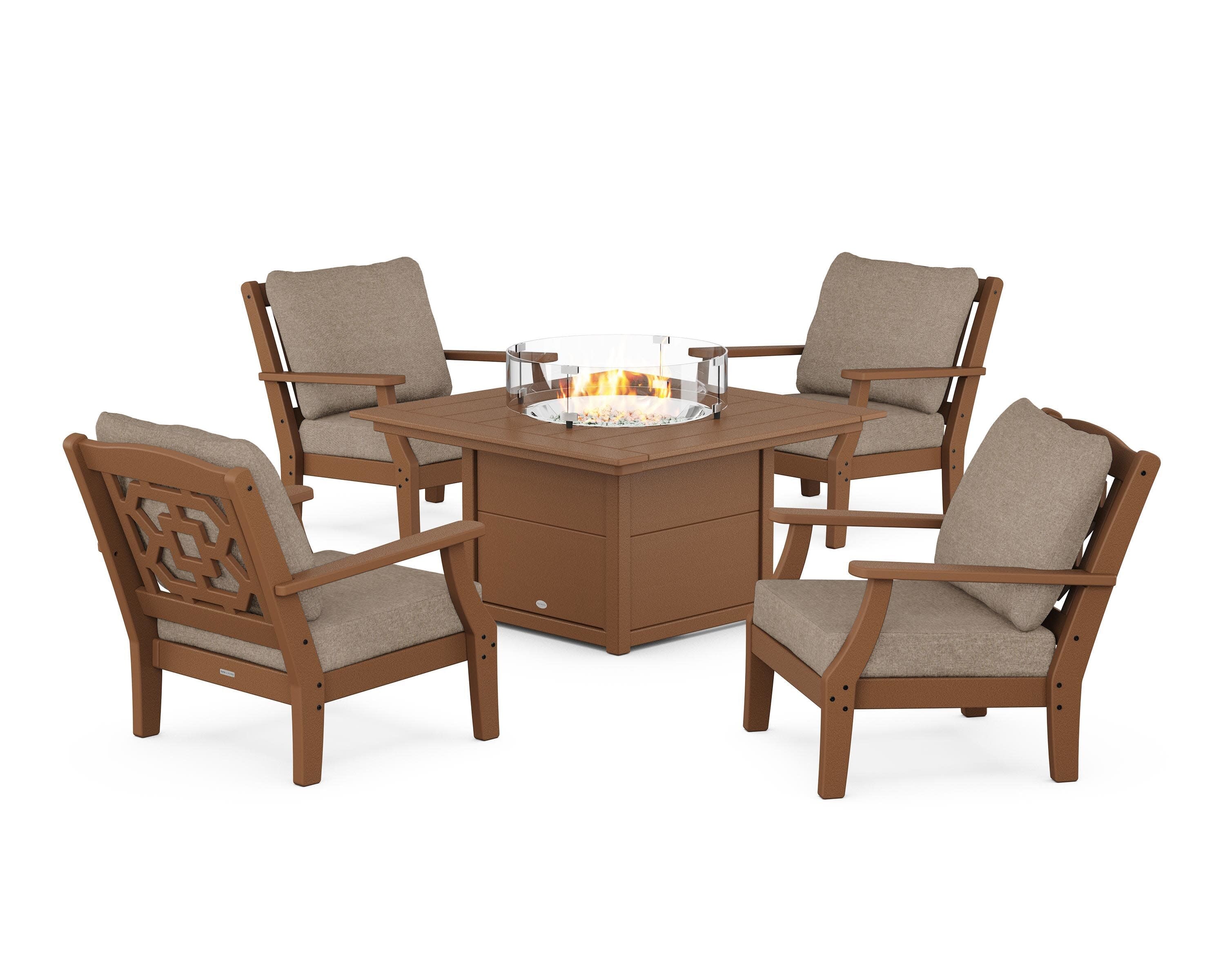 Chinoiserie 5-Piece Deep Seating Set with Fire Pit Table in Teak / Spiced Burlap