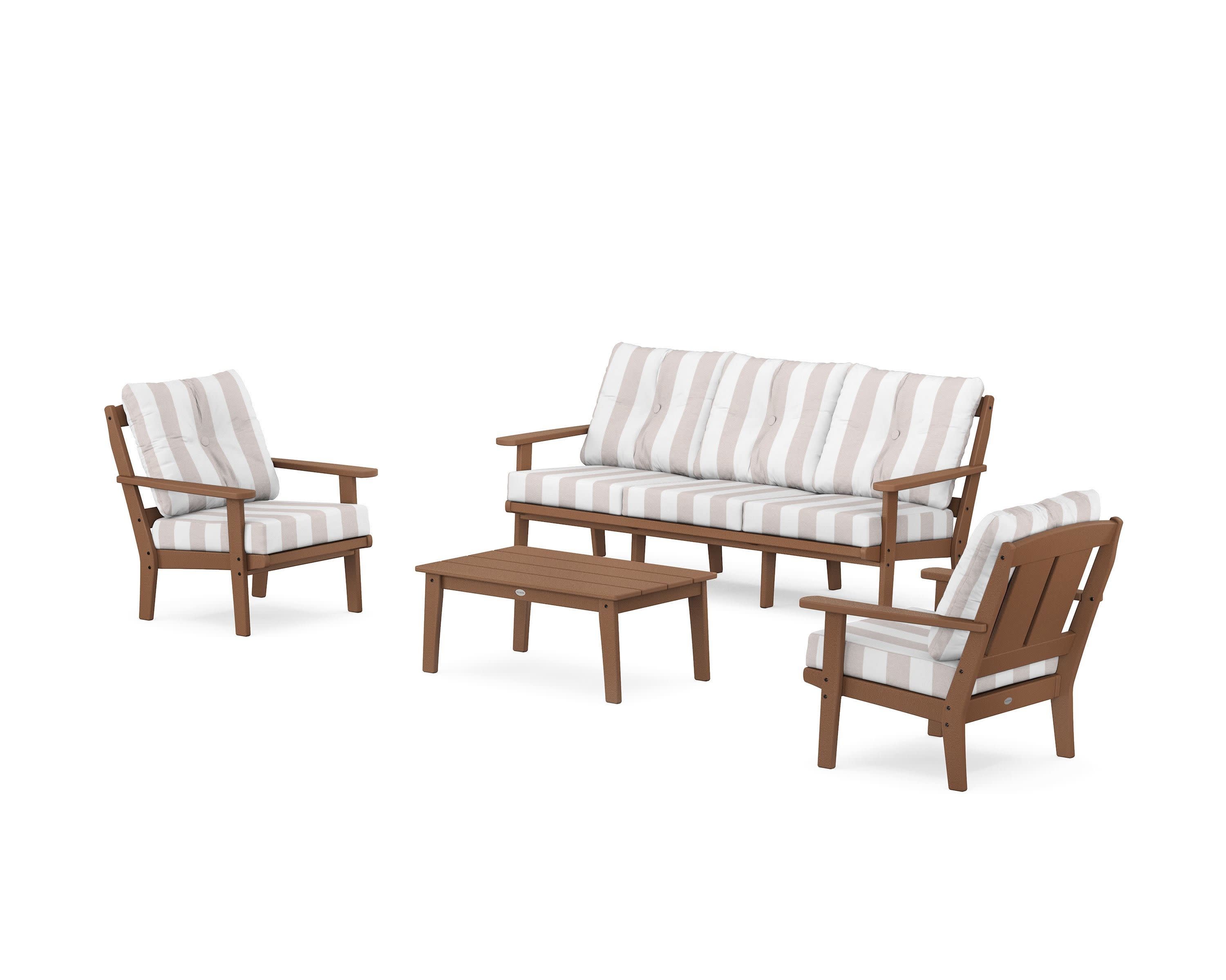 Mission 4-Piece Deep Seating Set with Sofa in Teak / Cabana Stripe Dune Burlap