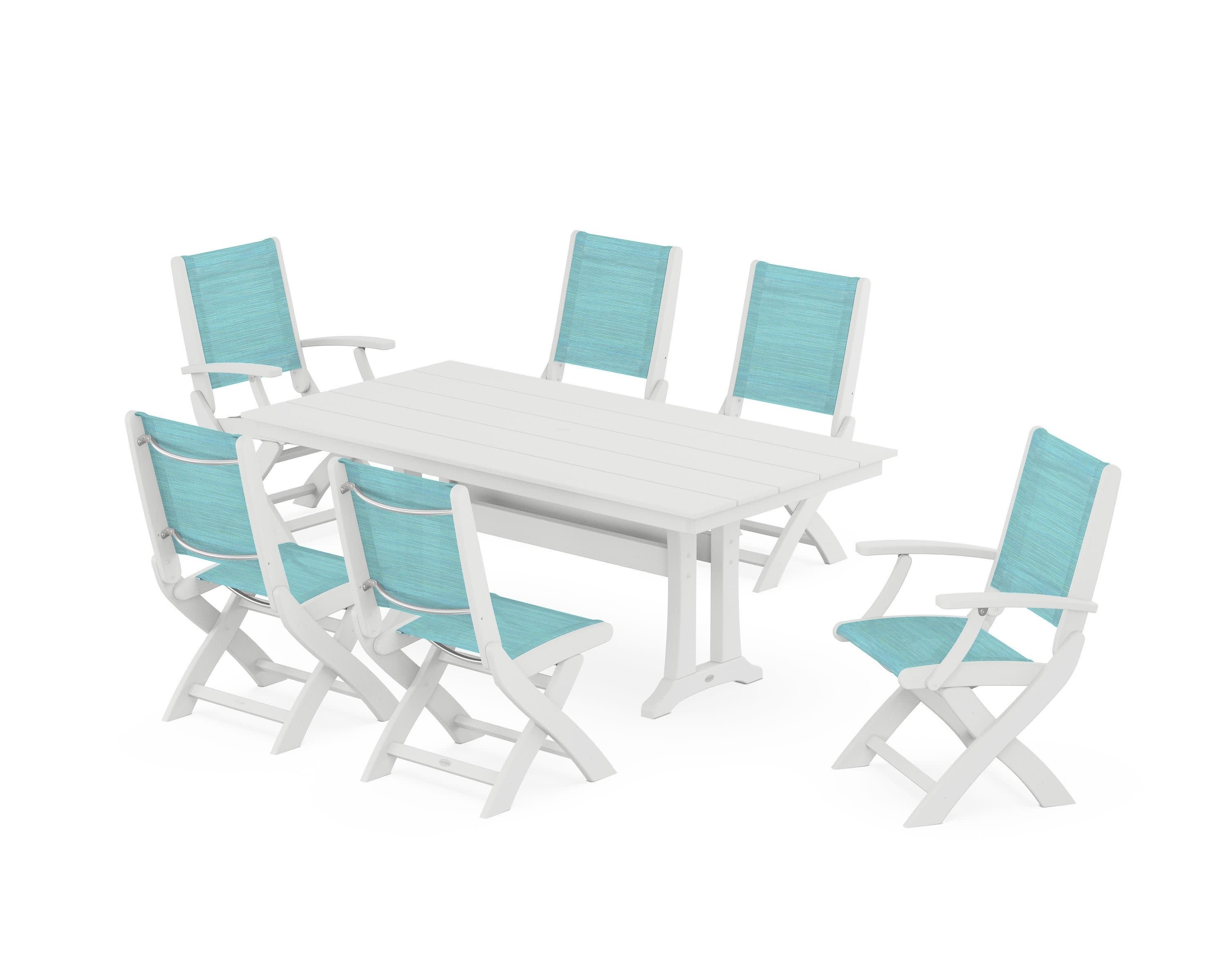 Coastal Folding Chair 7-Piece Farmhouse Dining Set with Trestle Legs in White / Dupioni Aquamarine Sling