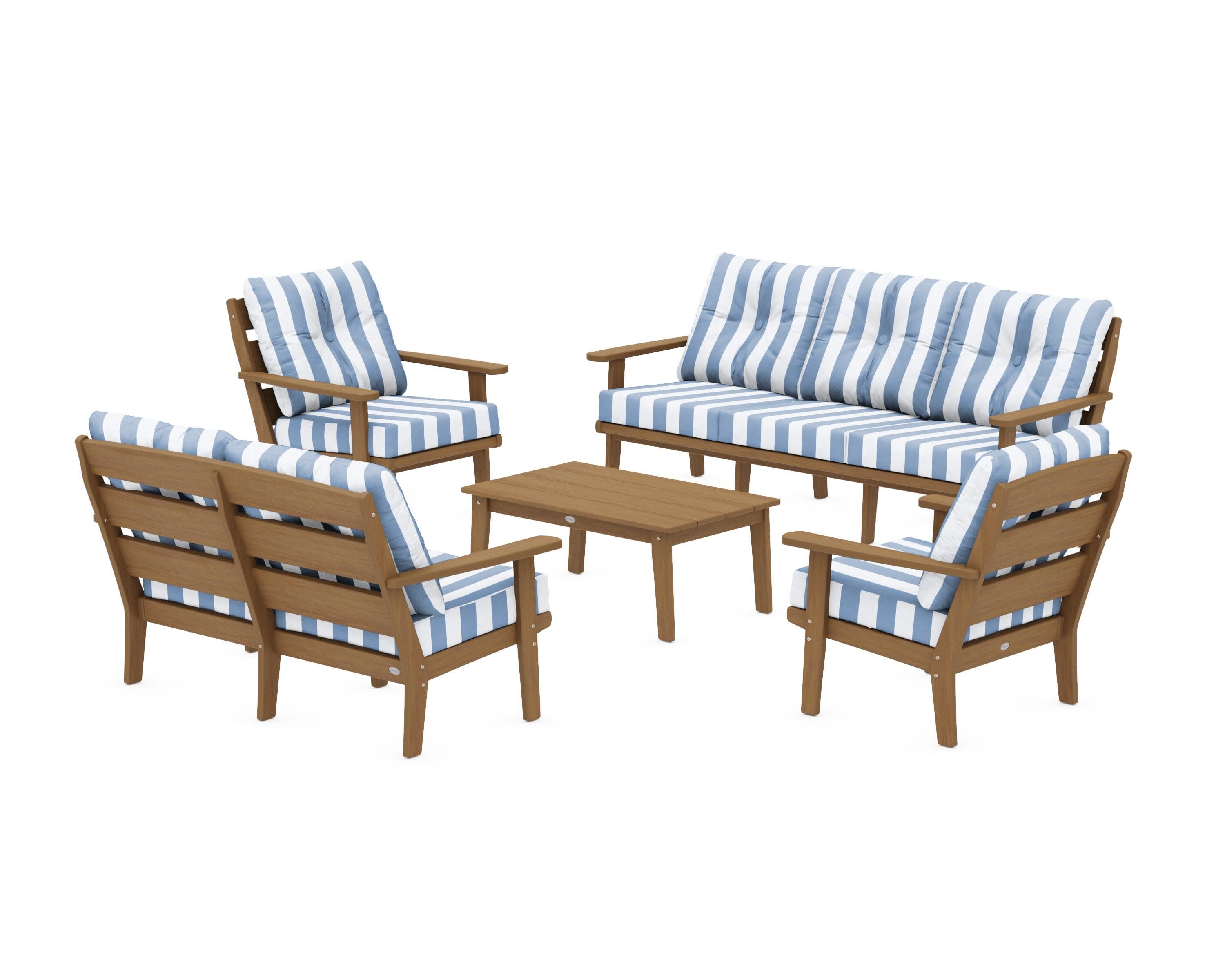 Lakeside 5-Piece Lounge Sofa Set in Natural / Cabana Stripe Sky Blue