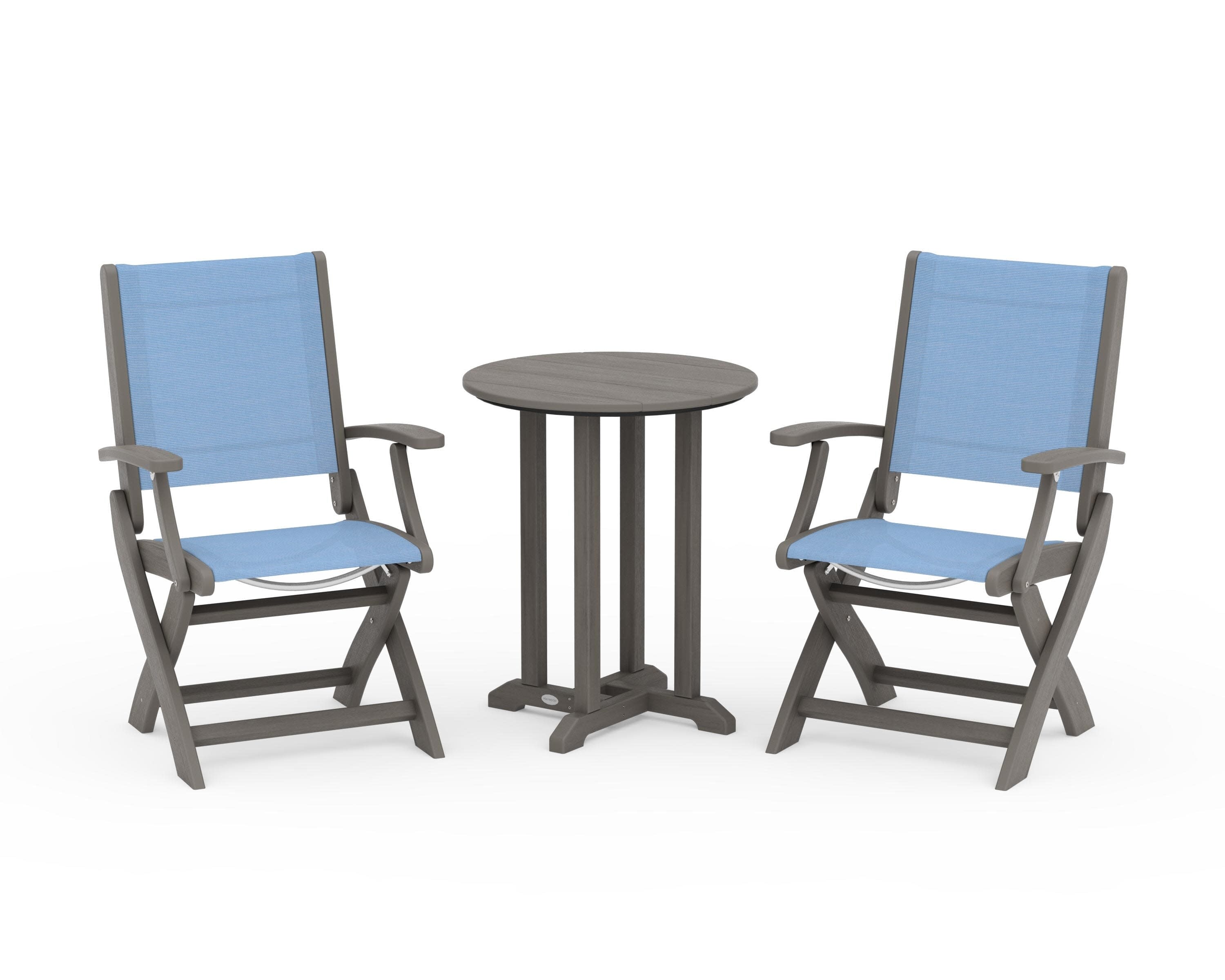 Coastal Folding 3-Piece Round Bistro Dining Set in Driftwood / Poolside Sling
