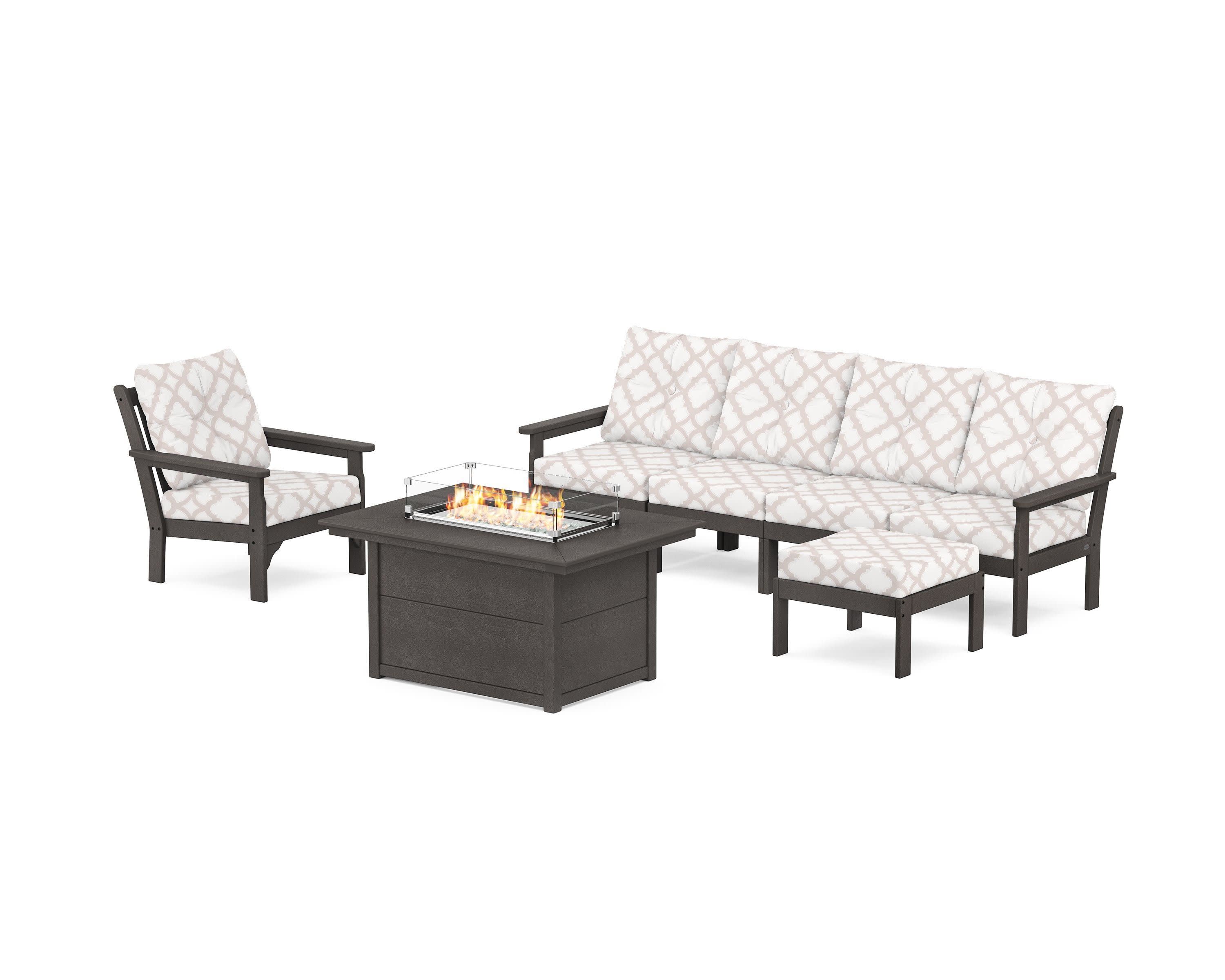 Vineyard Sectional Lounge and Fire Pit Set in Vintage Coffee / Trellis Dune Burlap