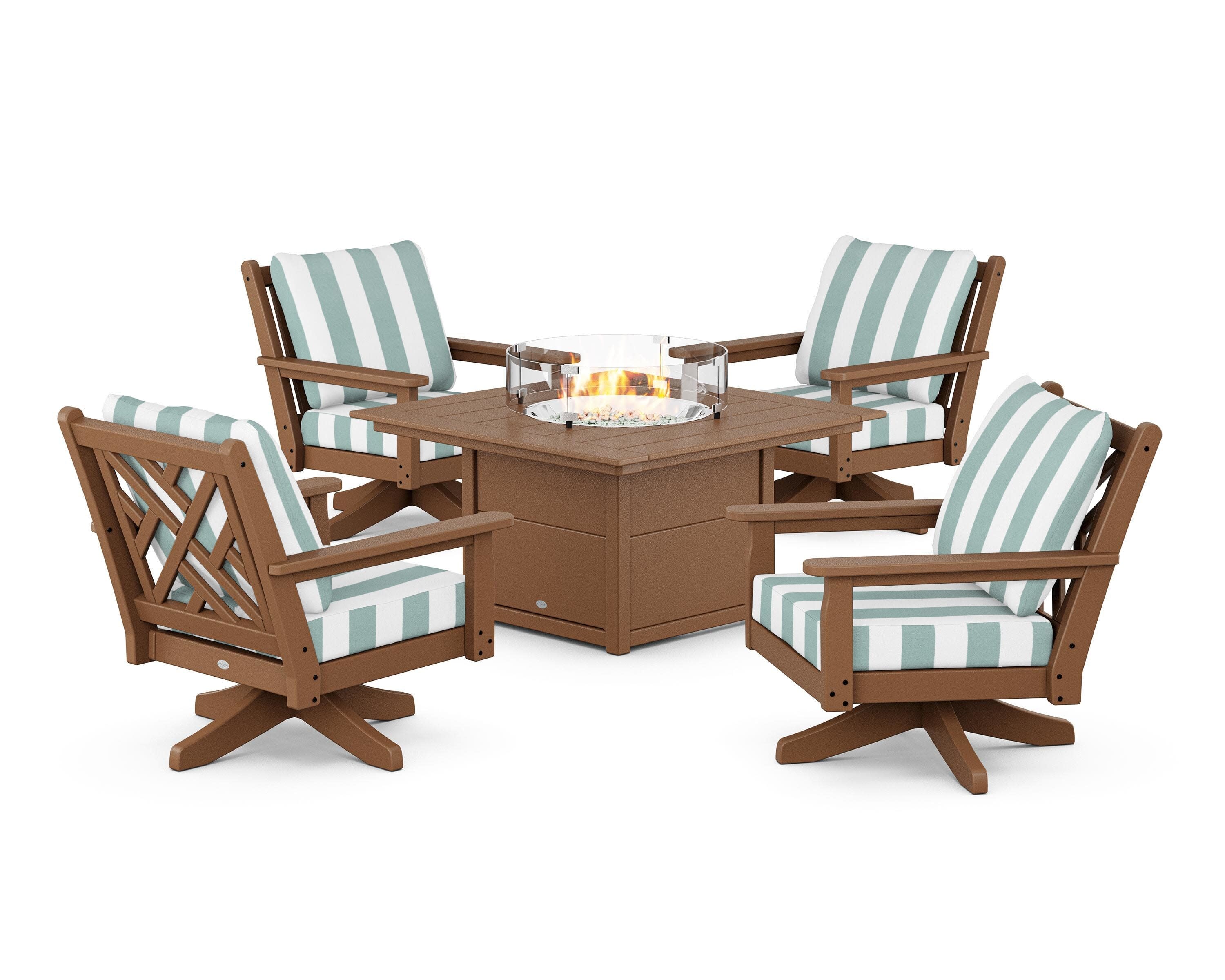 Chippendale 5-Piece Deep Seating Swivel Conversation Set with Fire Pit Table in Teak / Cabana Stripe Glacier Spa