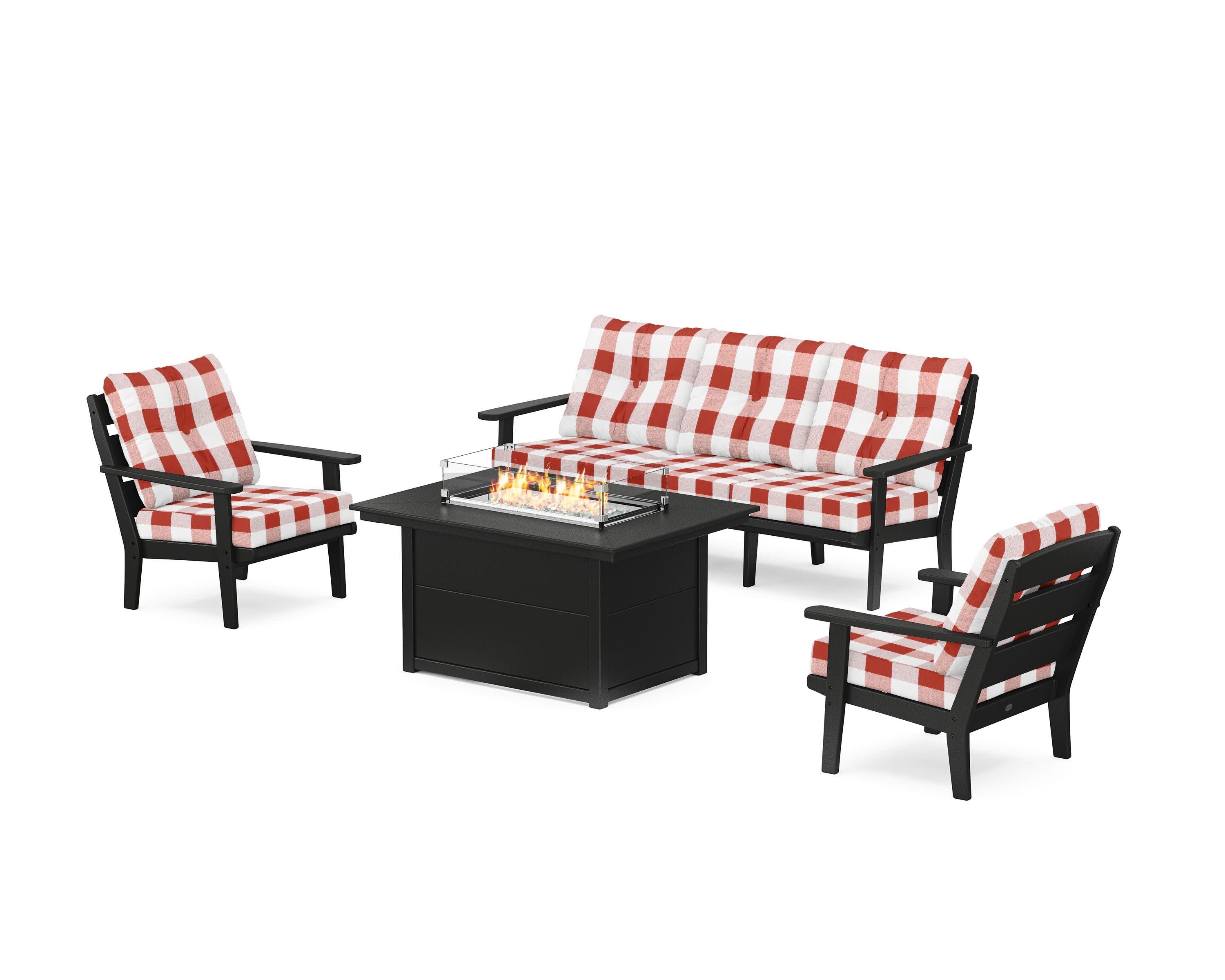 Lakeside Deep Seating Fire Pit Table Set in Black / Buffalo Plaid Crimson