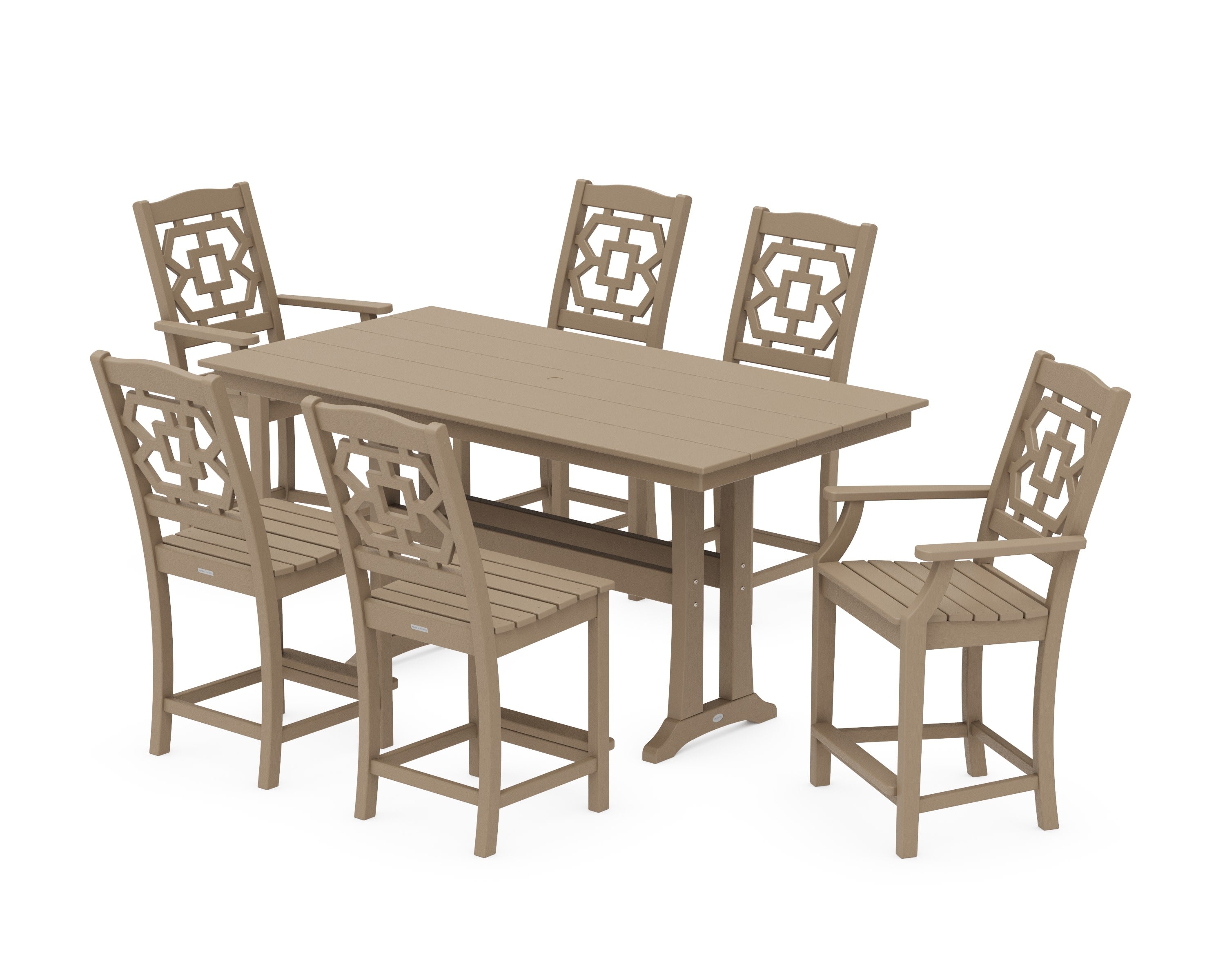 Chinoiserie 7-Piece Farmhouse Counter Set with Trestle Legs in Vintage Sahara
