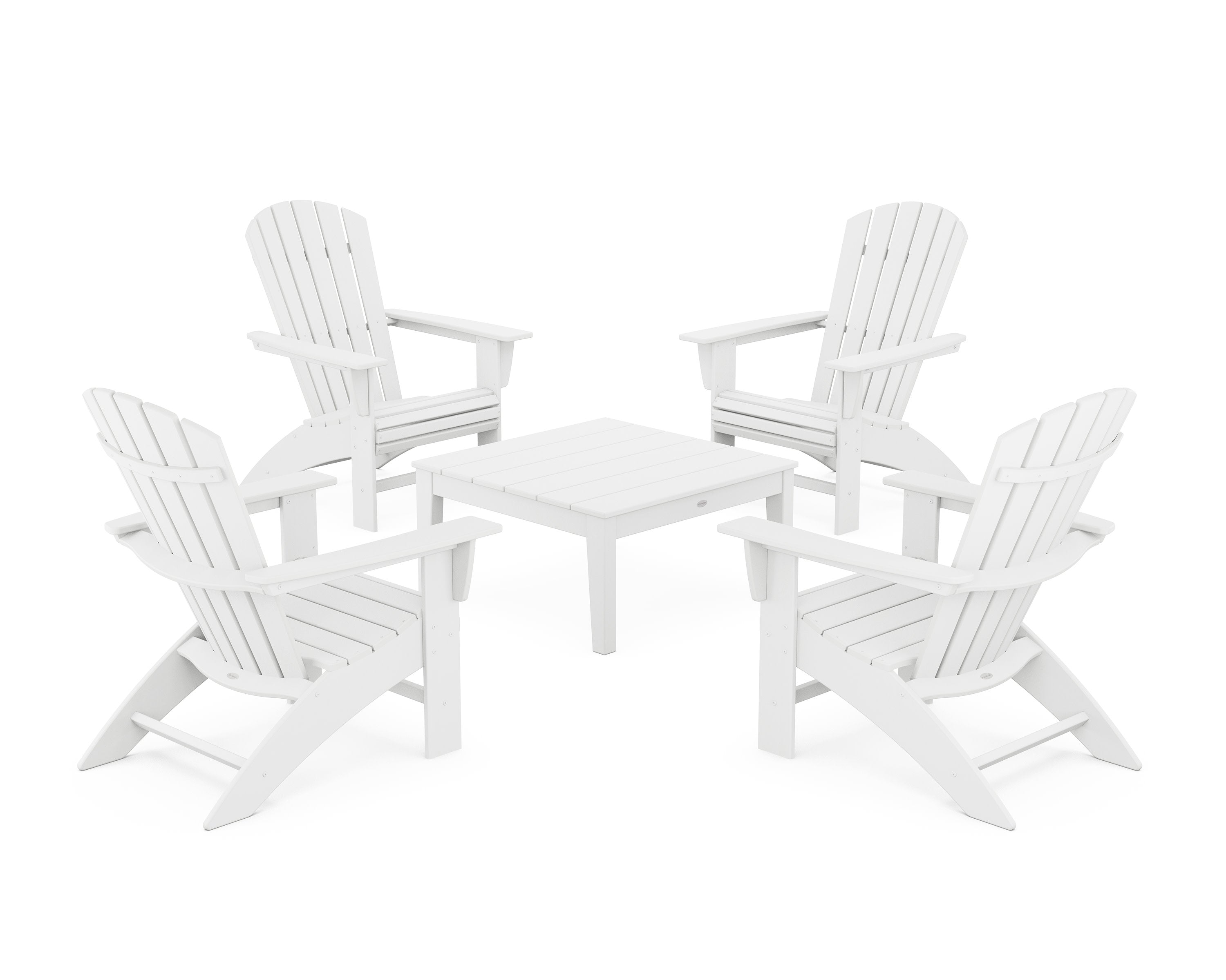 5-Piece Nautical Curveback Adirondack Chair Conversation Set with 36" Conversation Table in White