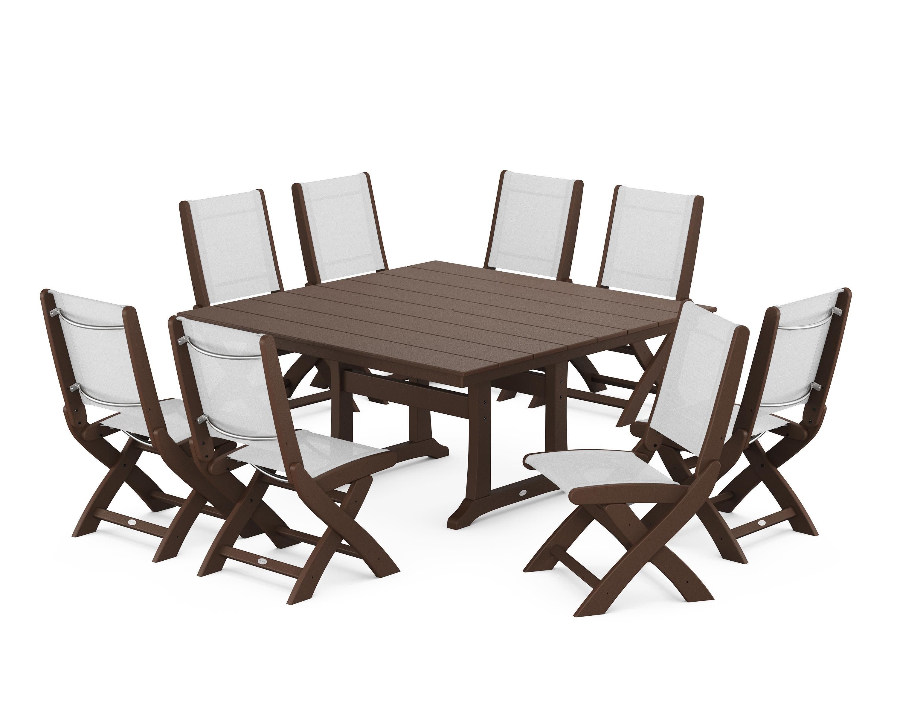 Coastal Folding Side Chair 9-Piece Farmhouse Dining Set in Mahogany / White Sling