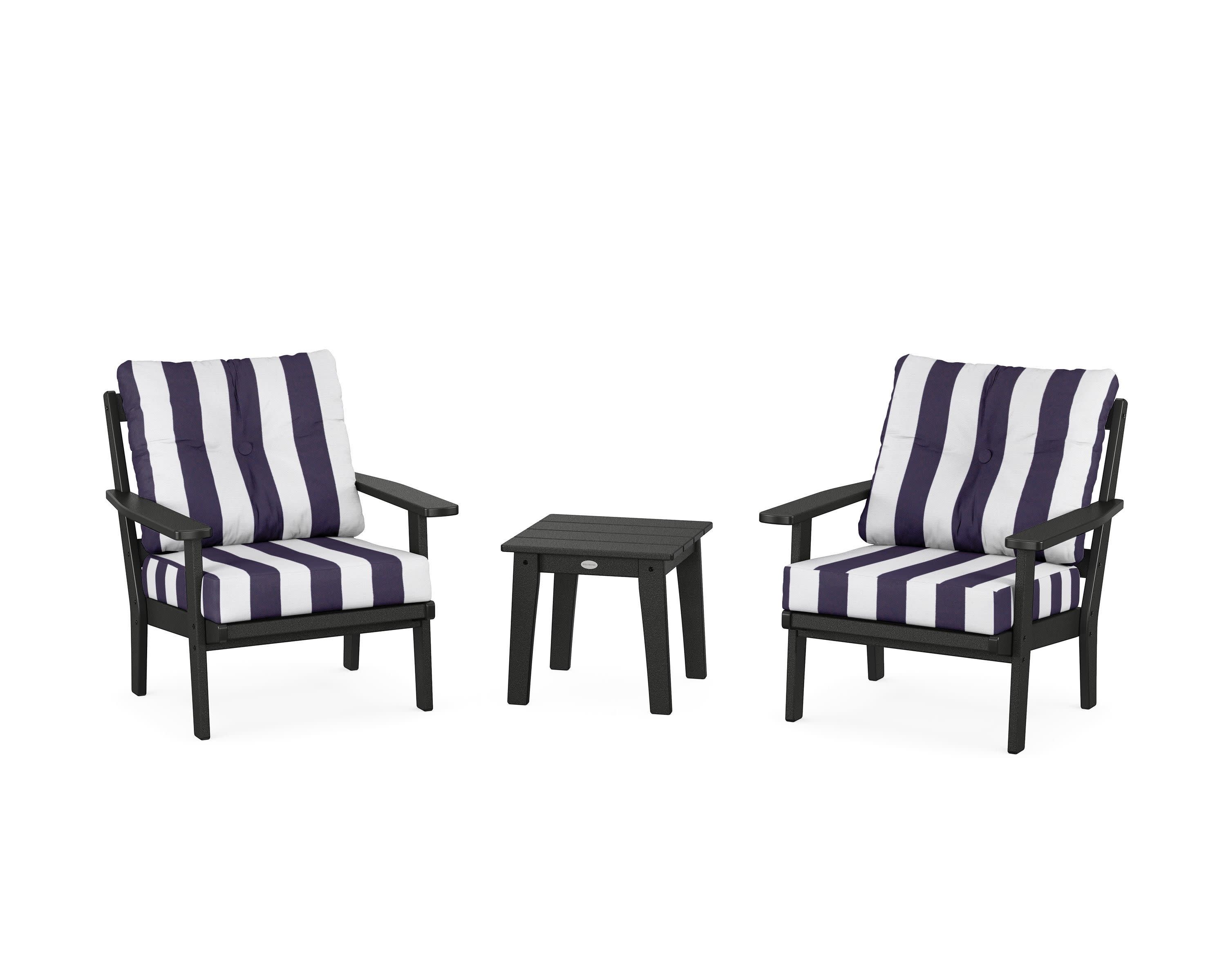 Oxford 3-Piece Deep Seating Set in Black / Cabana Stripe Navy