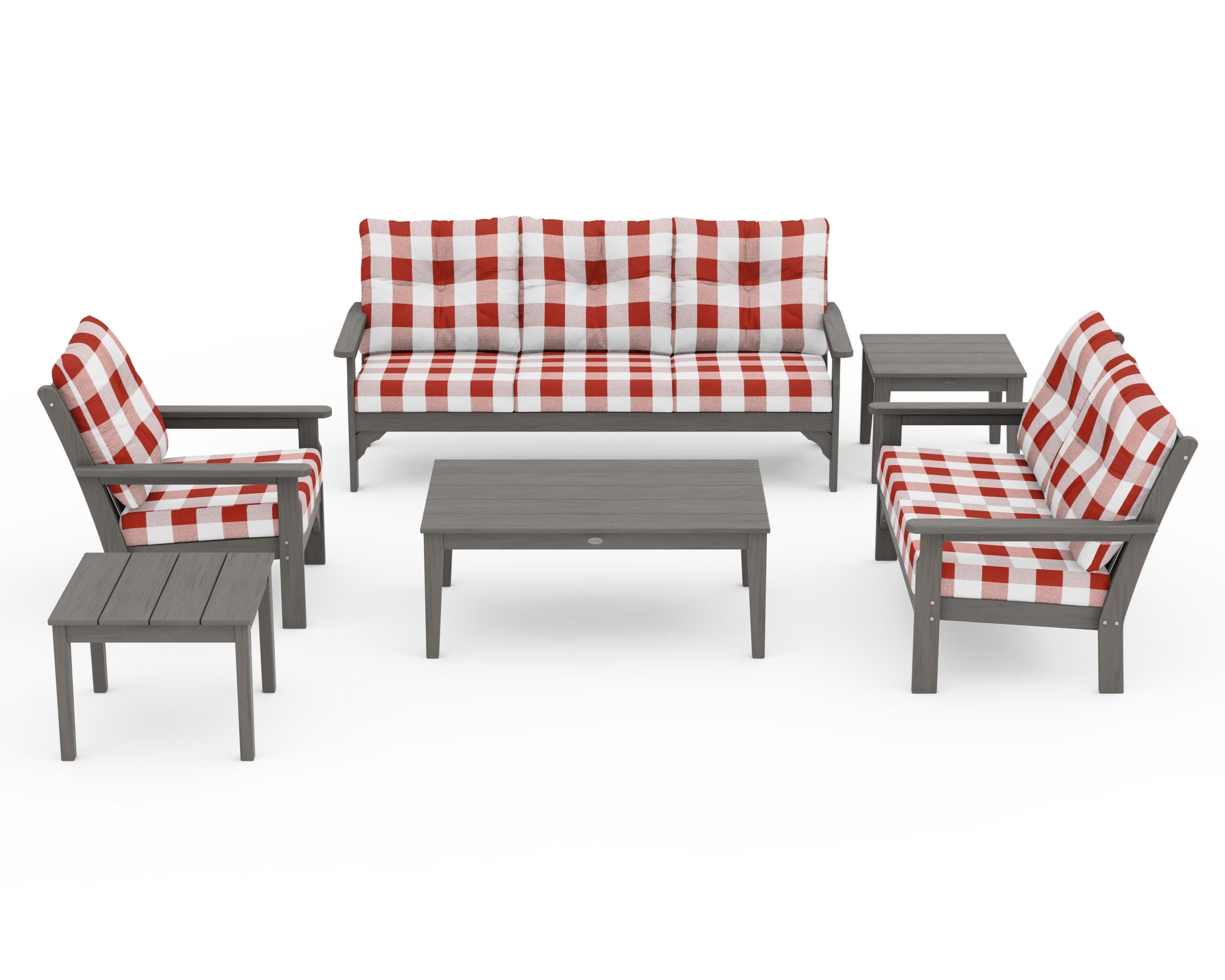 Vineyard 6-Piece Deep Seating Set in Driftwood / Buffalo Plaid Crimson