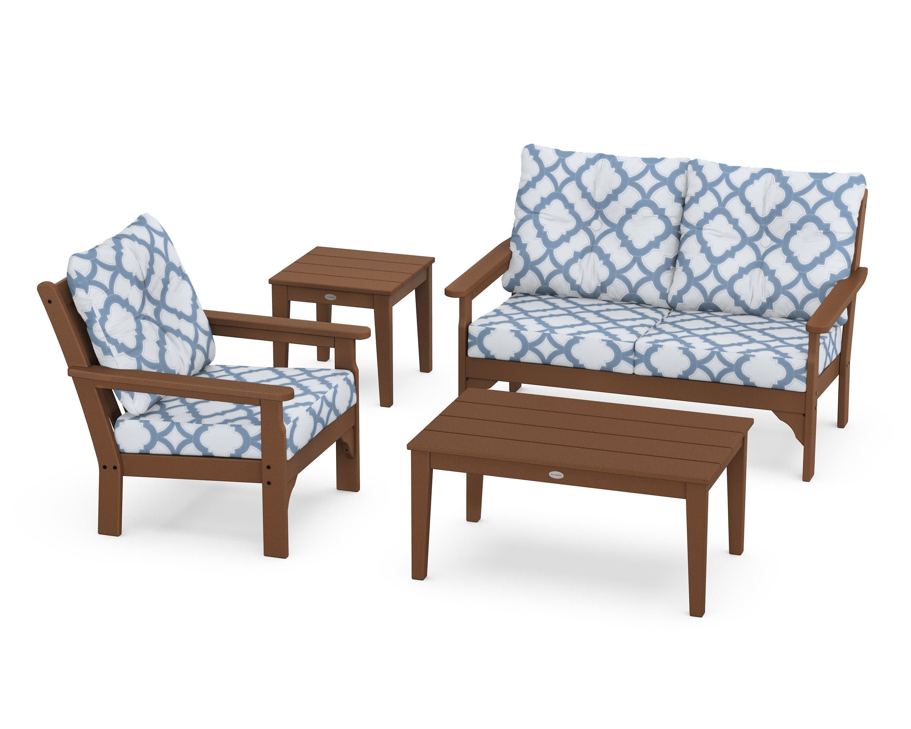 Vineyard 4-Piece Deep Seating Set in Teak / Trellis Sky Blue