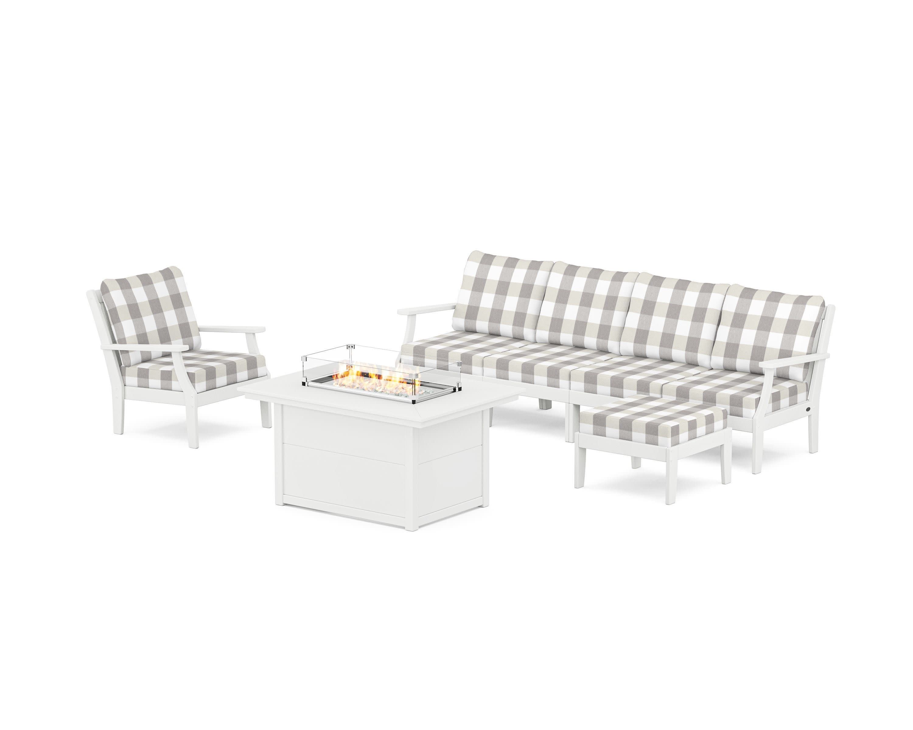 Braxton Sectional Lounge and Fire Pit Set in White / Buffalo Plaid Grey Mist