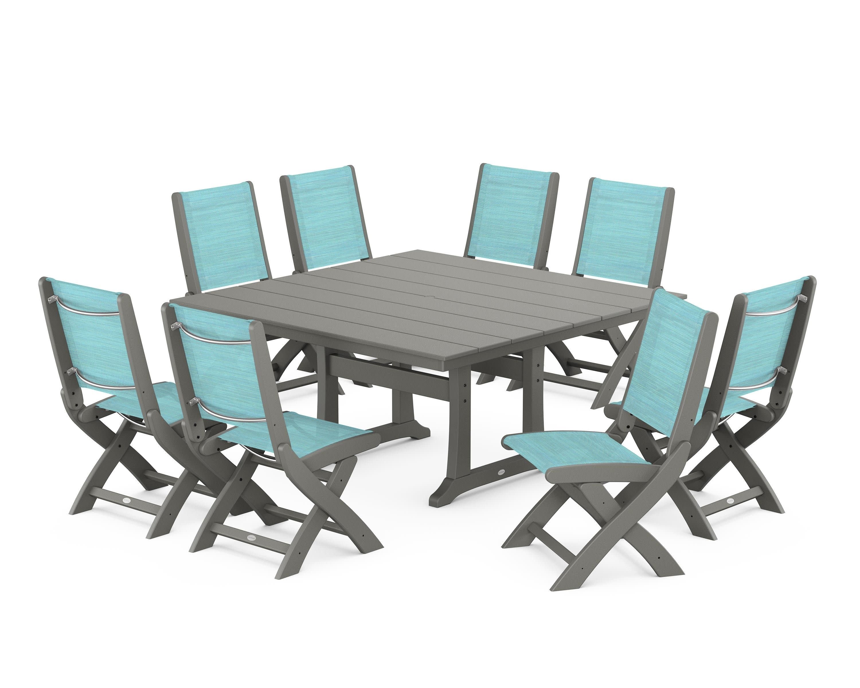 Coastal Folding Side Chair 9-Piece Farmhouse Dining Set in Slate Grey / Dupioni Aquamarine Sling