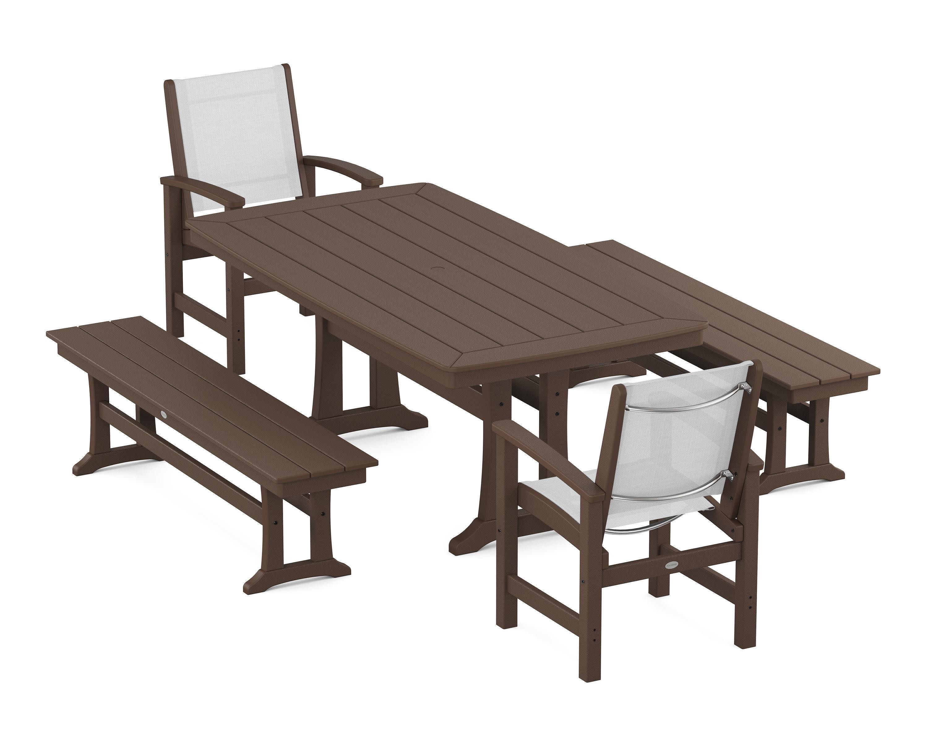 Coastal 5-Piece Dining Set with Trestle Legs and Benches in Mahogany / White Sling