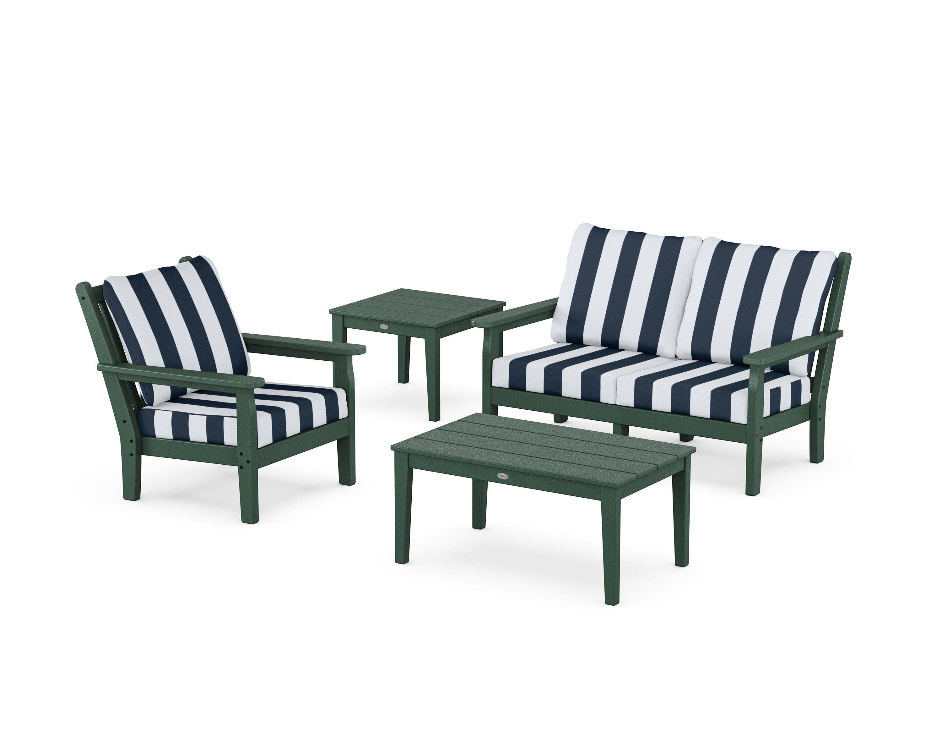 Chippendale 4-Piece Deep Seating Set in Green / Cabana Stripe Marine Indigo