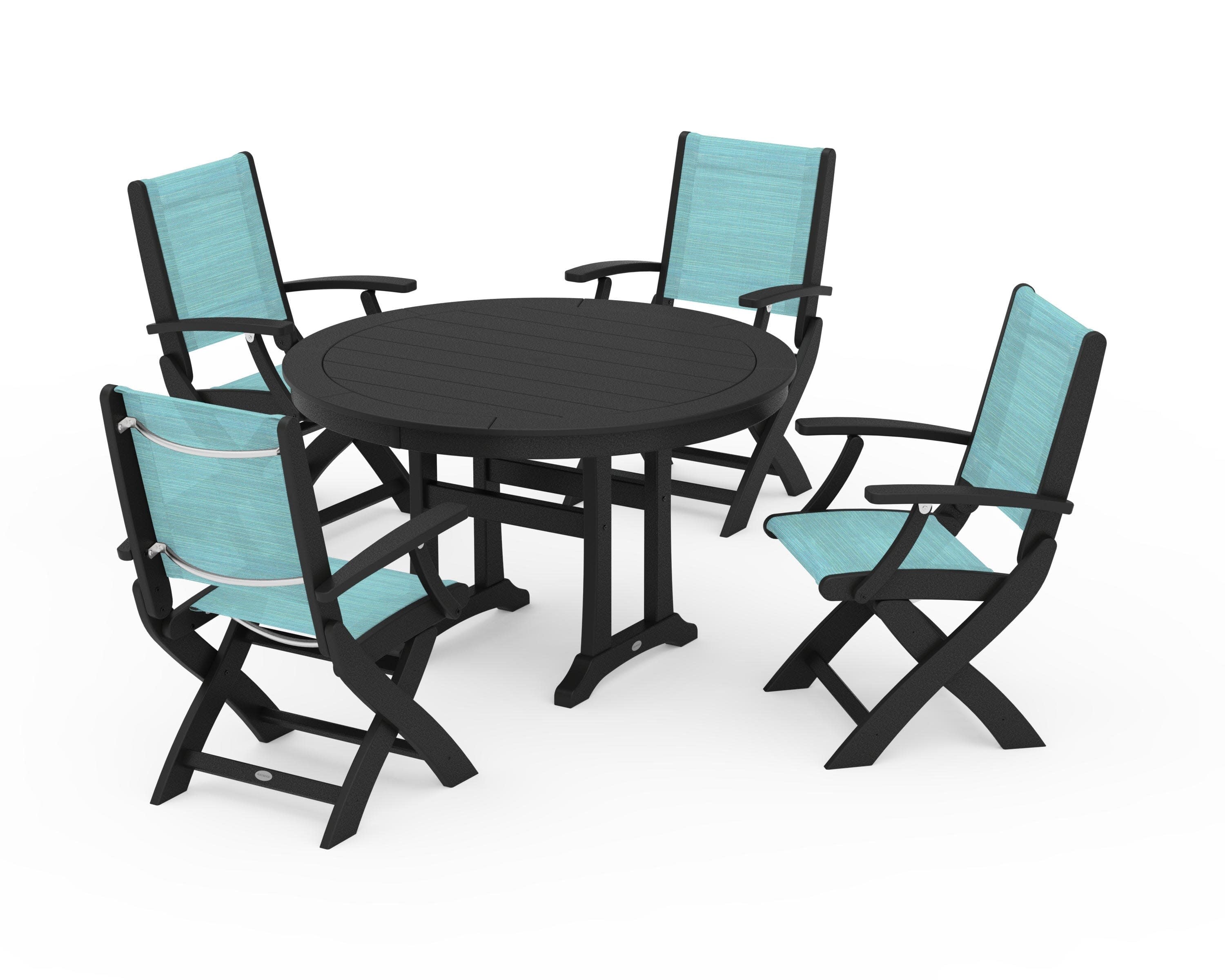 Coastal Folding Chair 5-Piece Round Dining Set with Trestle Legs in Black / Dupioni Aquamarine Sling
