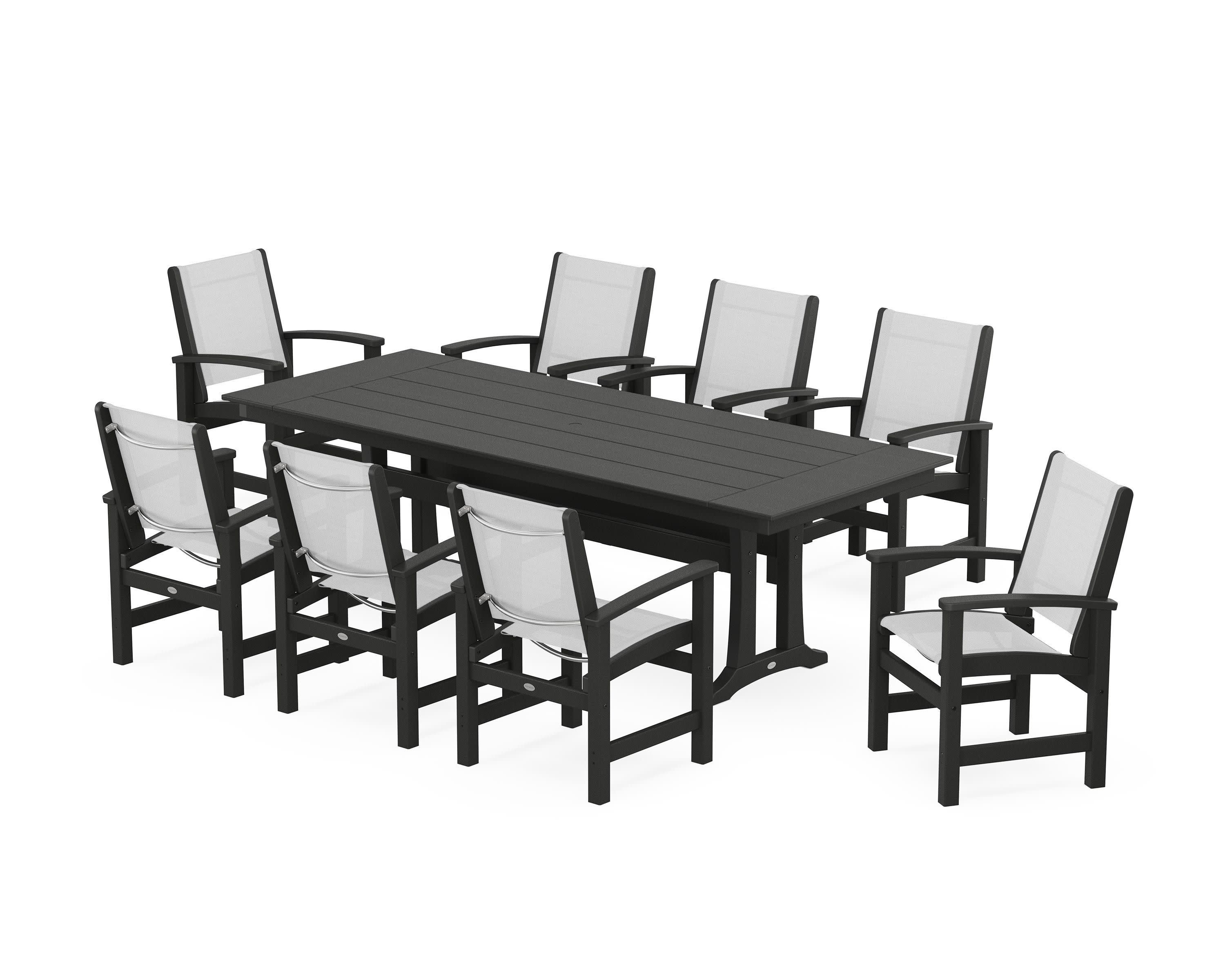 Coastal 9-Piece Farmhouse Dining Set with Trestle Legs in Black / White Sling