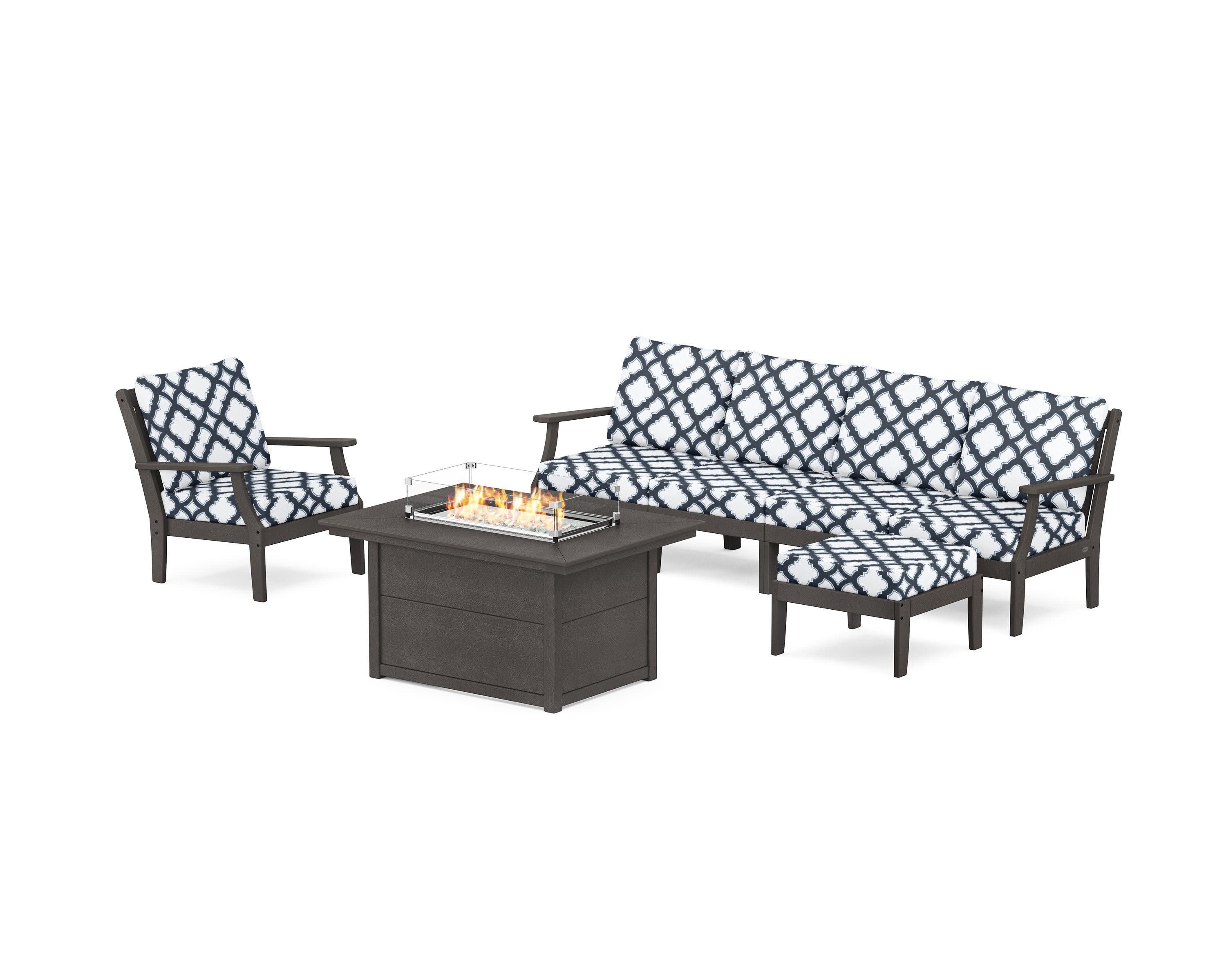 Braxton Sectional Lounge and Fire Pit Set in Vintage Coffee / Trellis Marine Indigo