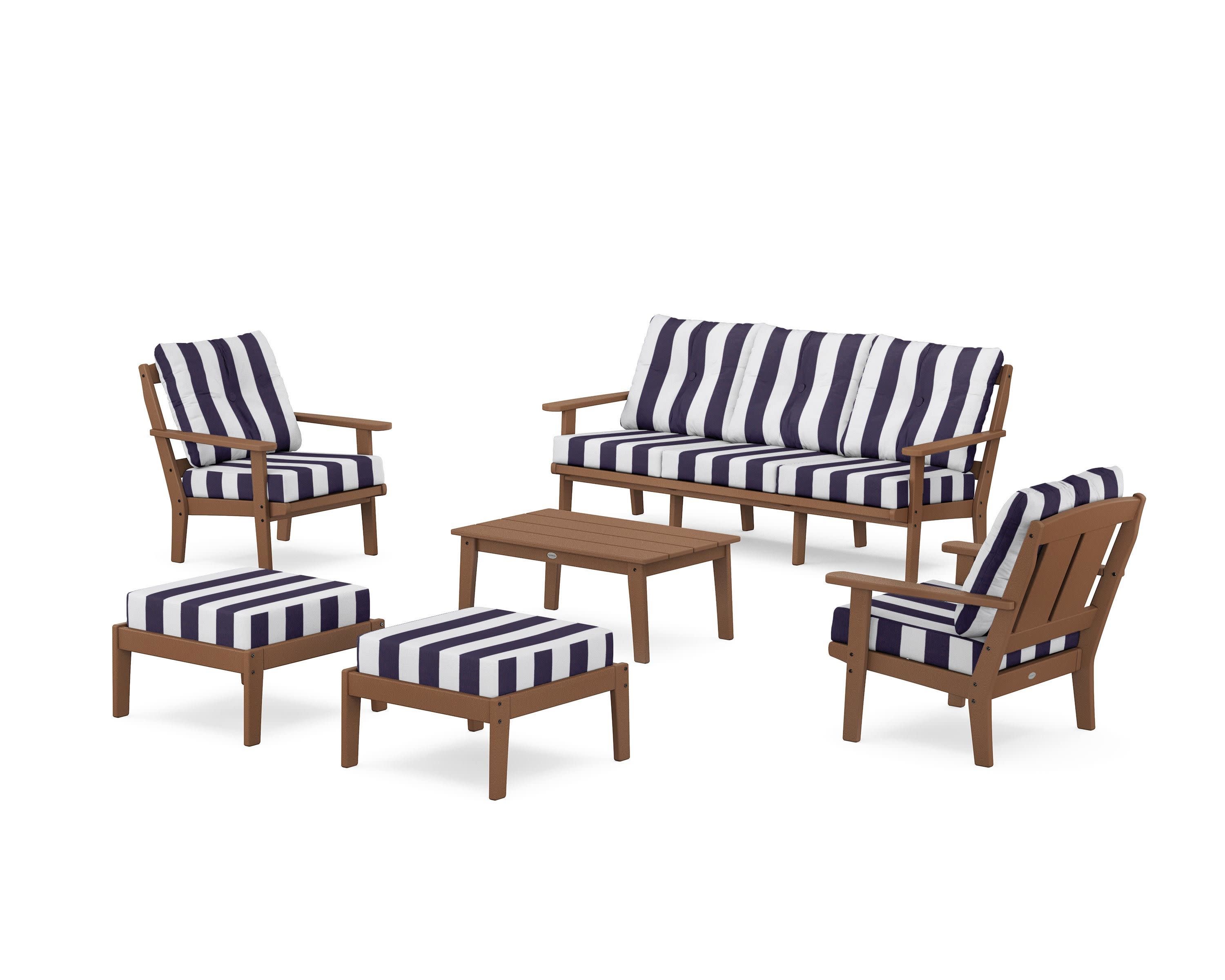 Mission 6-Piece Lounge Sofa Set in Teak / Cabana Stripe Navy