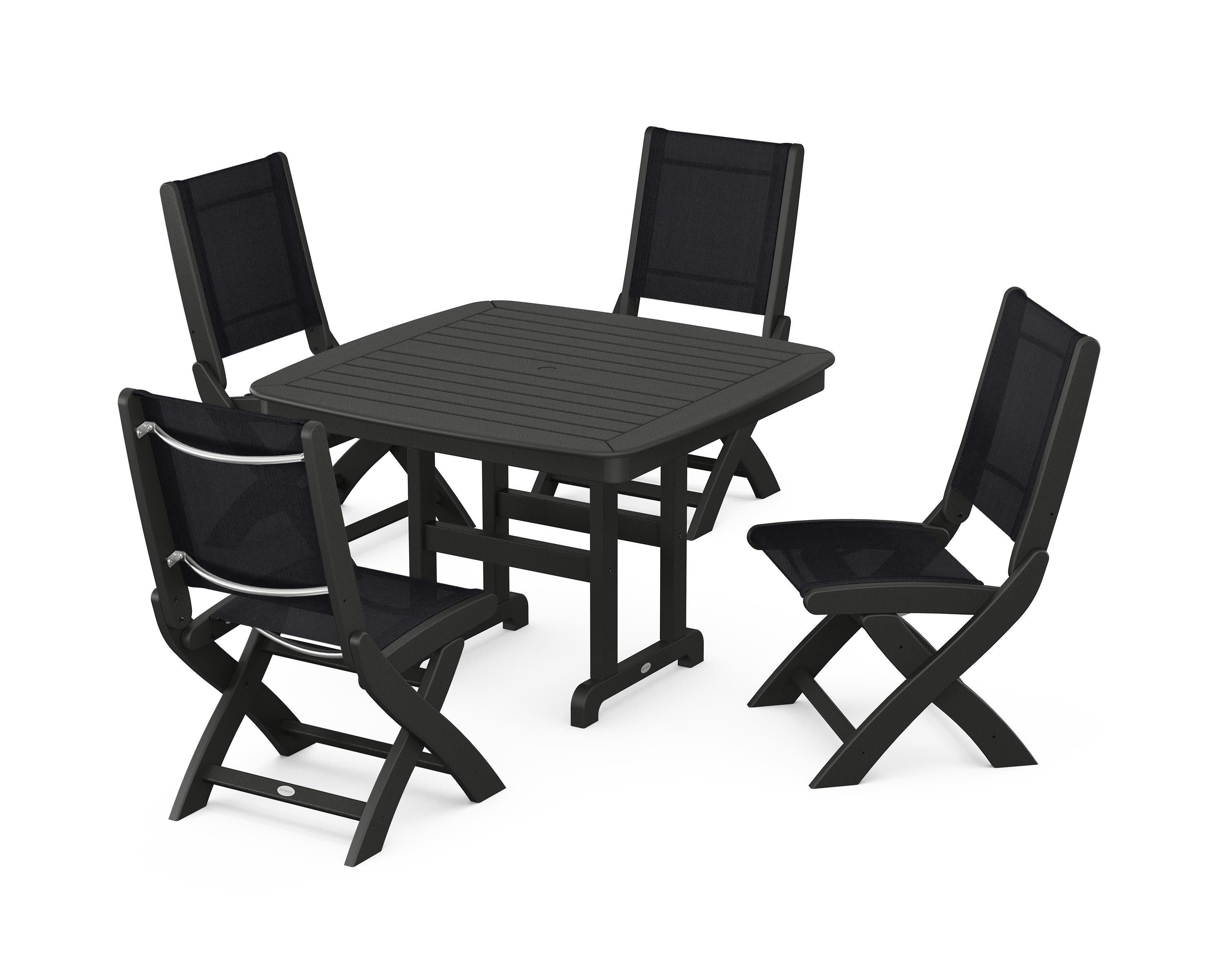 Coastal Folding Side Chair 5-Piece Dining Set in Black / Black Sling