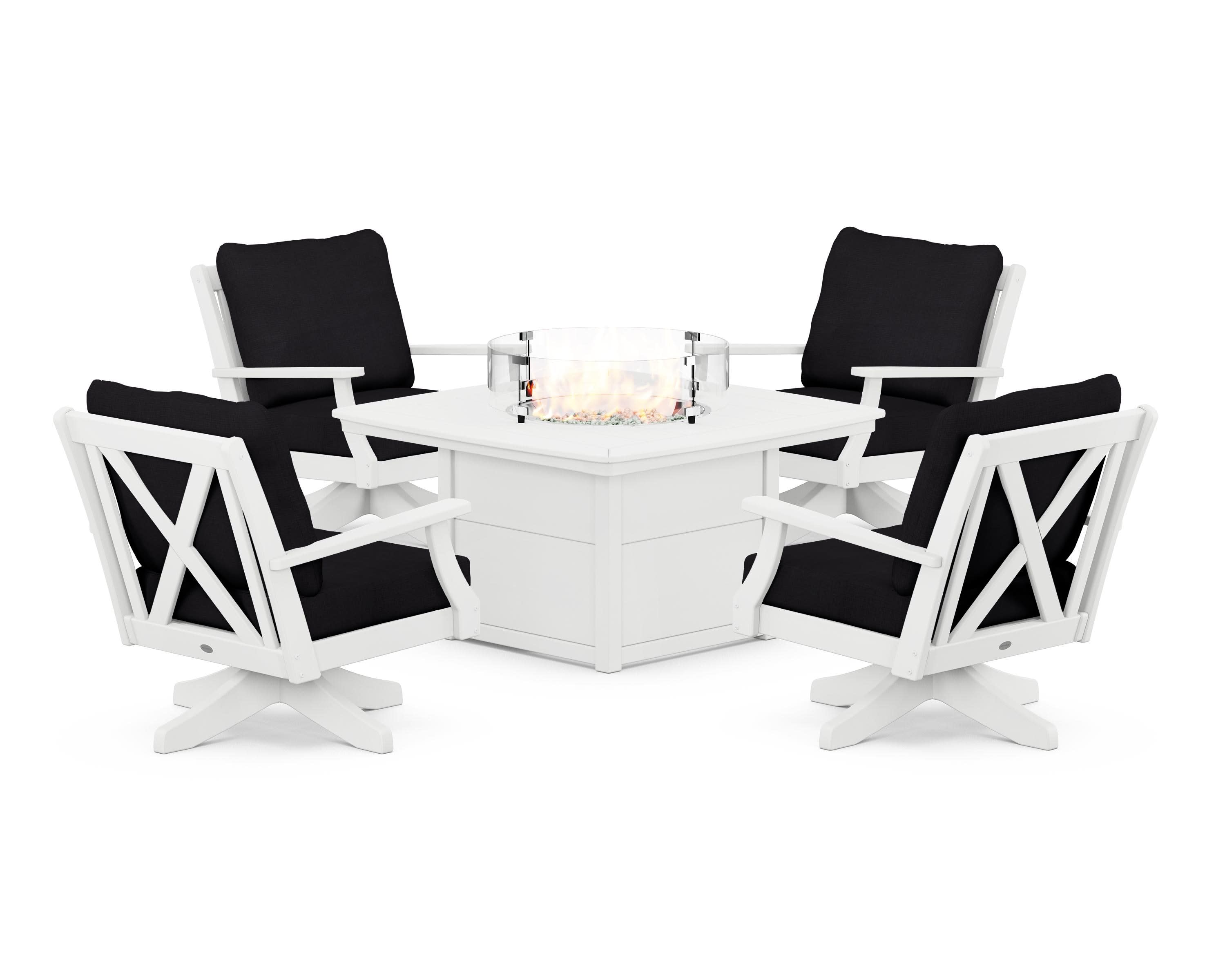 Braxton 5-Piece Deep Seating Swivel Conversation Set with Fire Pit Table in White / Midnight Linen