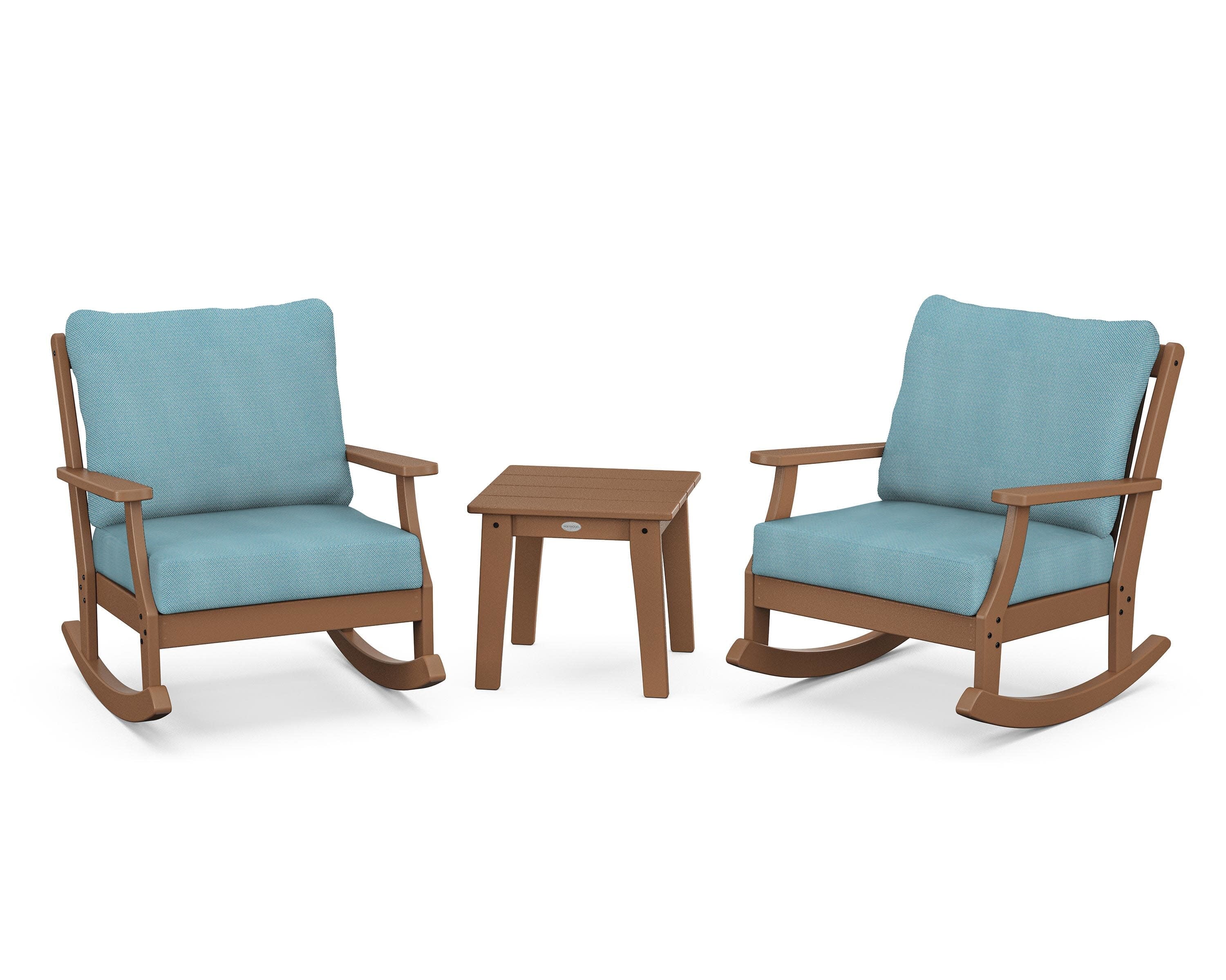 Braxton 3-Piece Deep Seating Rocker Set in Teak / Lattice Sky Blue