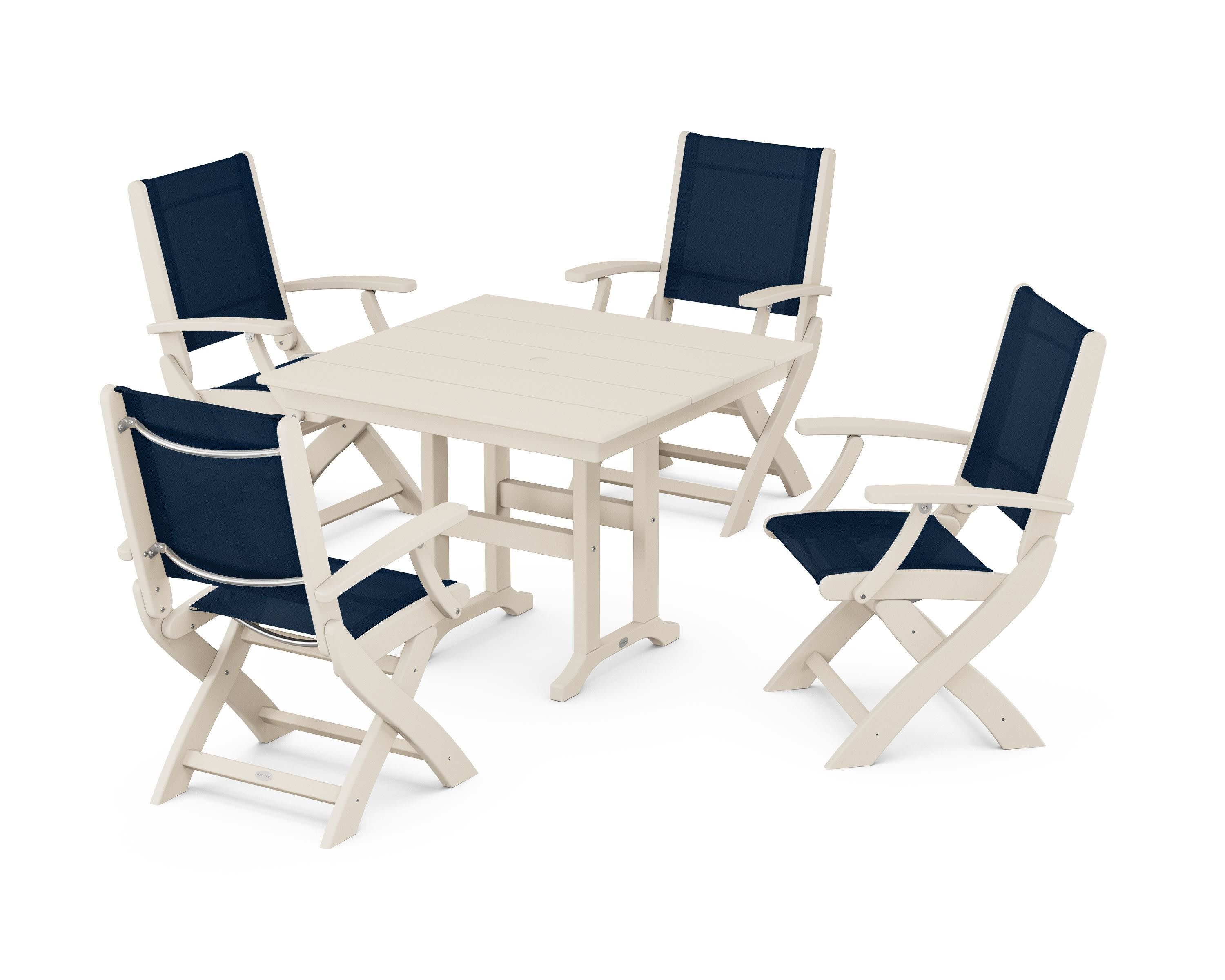 Coastal Folding Chair 5-Piece Farmhouse Dining Set in Sand / Navy Blue Sling