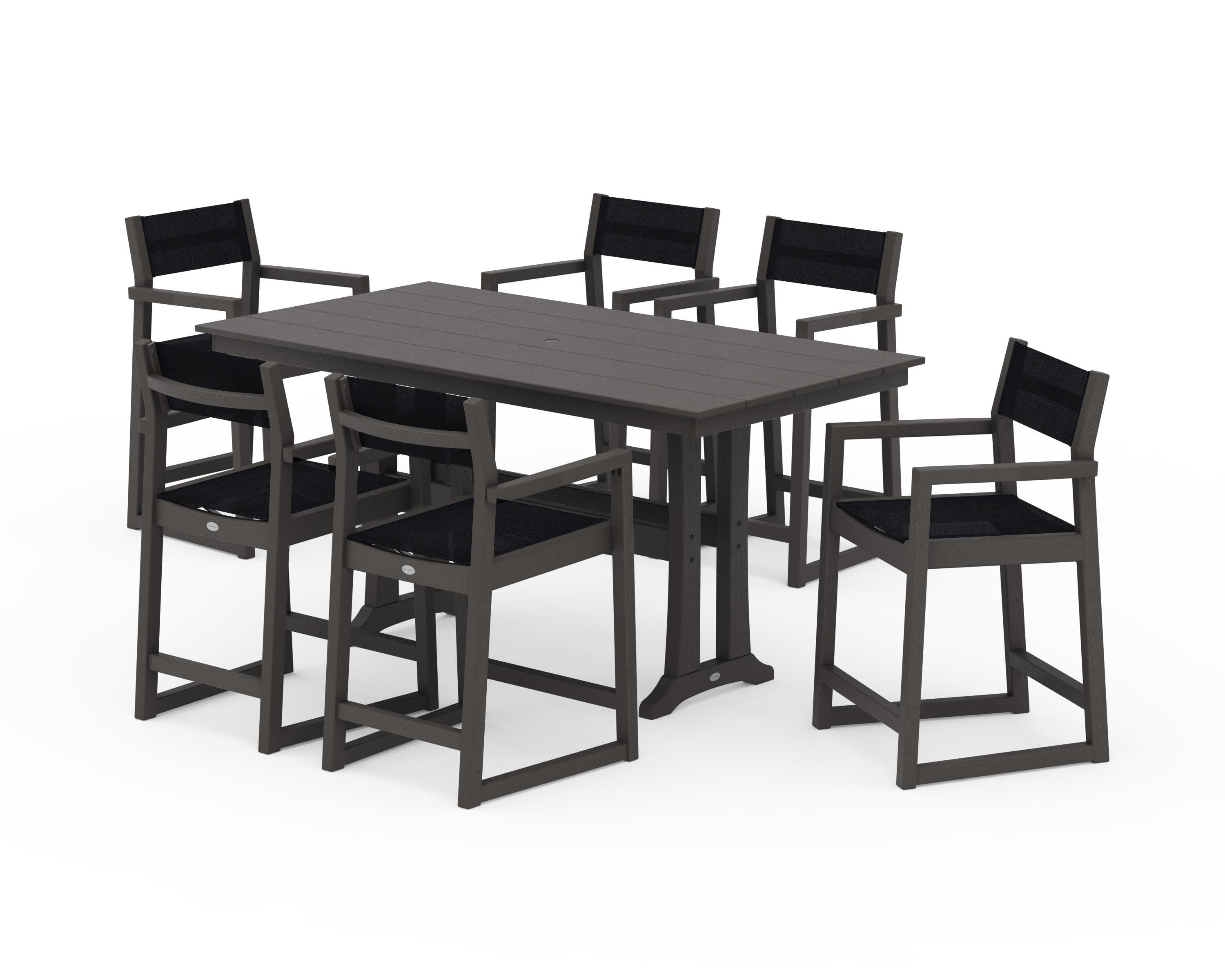EDGE Sling Arm Chair 7-Piece Farmhouse Counter Set with Trestle Legs in Vintage Coffee / Black Sling