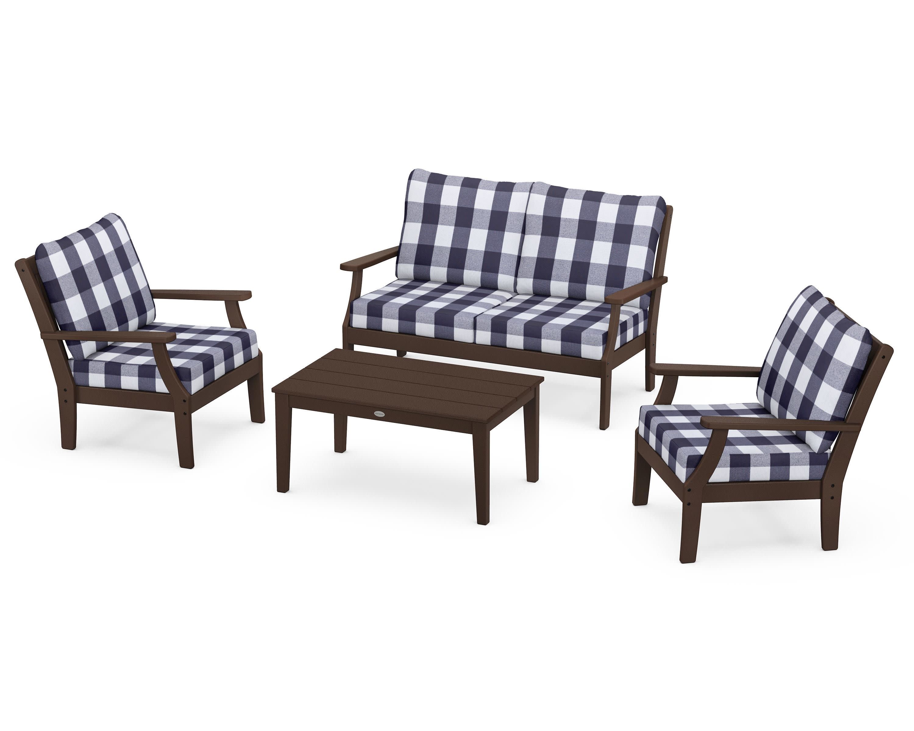 Braxton 4-Piece Deep Seating Chair Set in Mahogany / Buffalo Plaid Navy