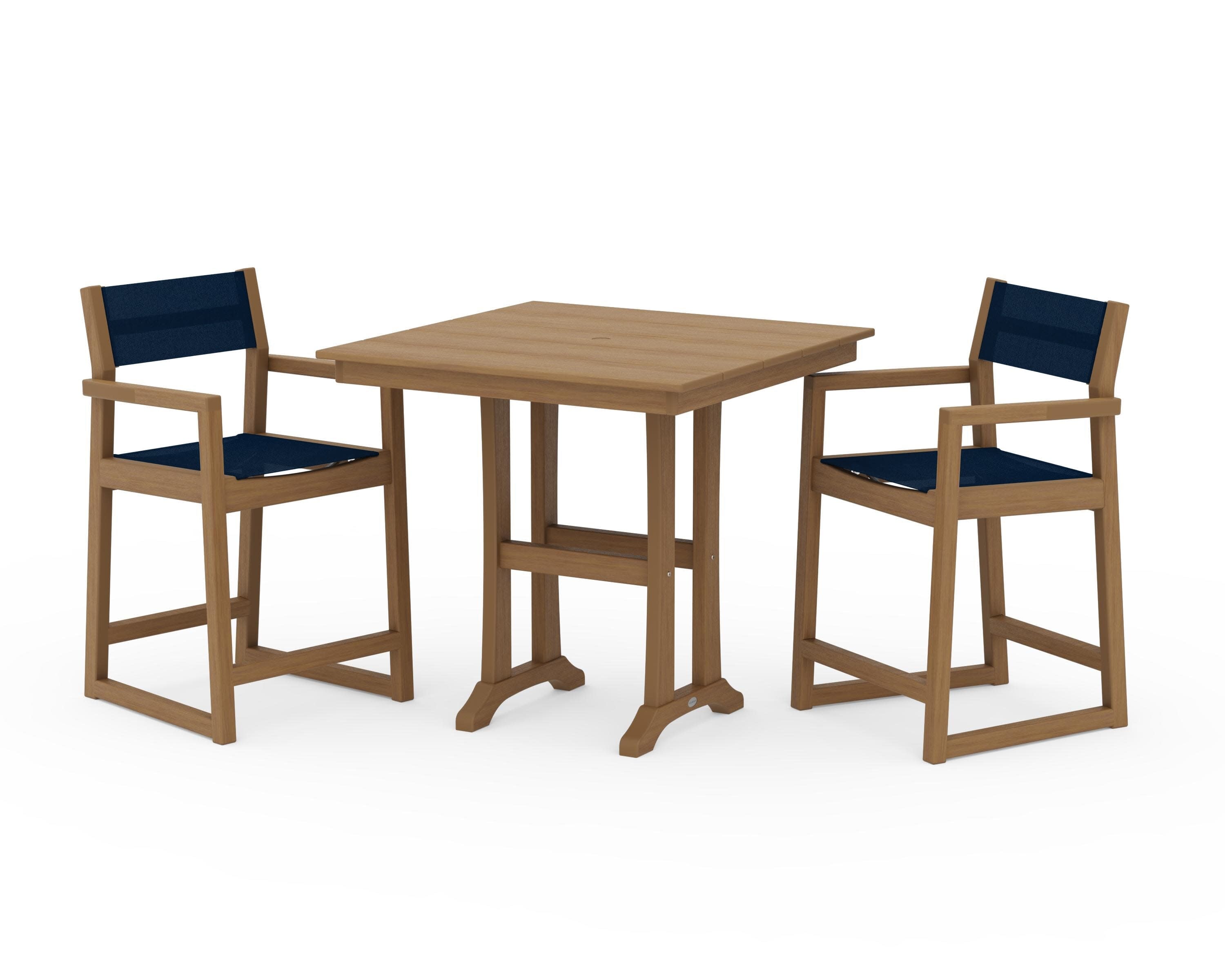 EDGE Sling Arm Chair 3-Piece Farmhouse Counter Set with Trestle Legs in Natural / Navy Blue Sling