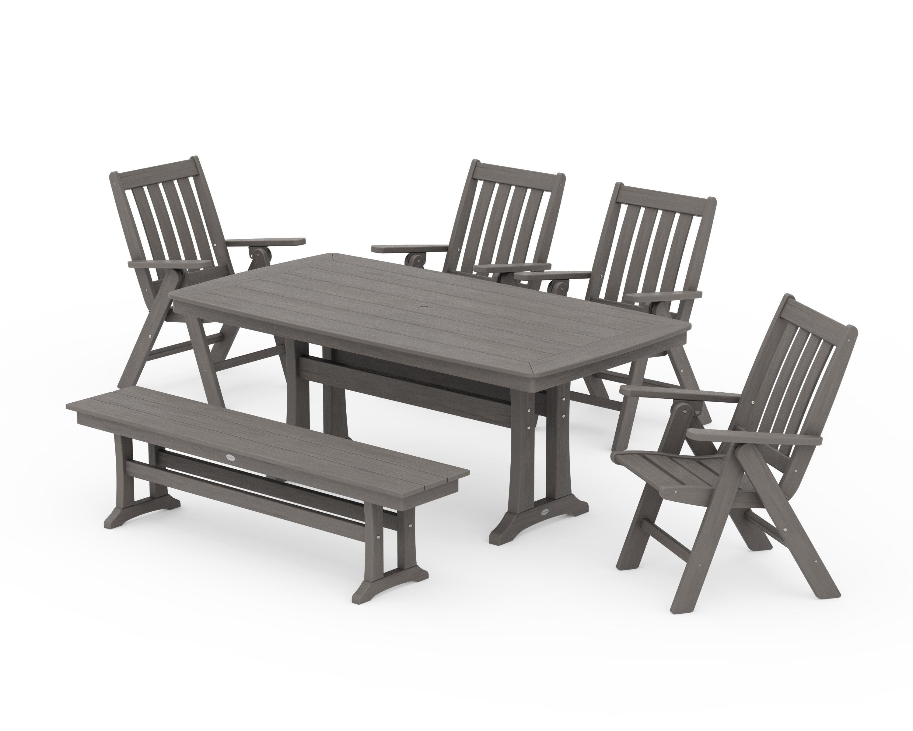 Vineyard Folding Chair 6-Piece Dining Set with Trestle Legs and Bench in Driftwood