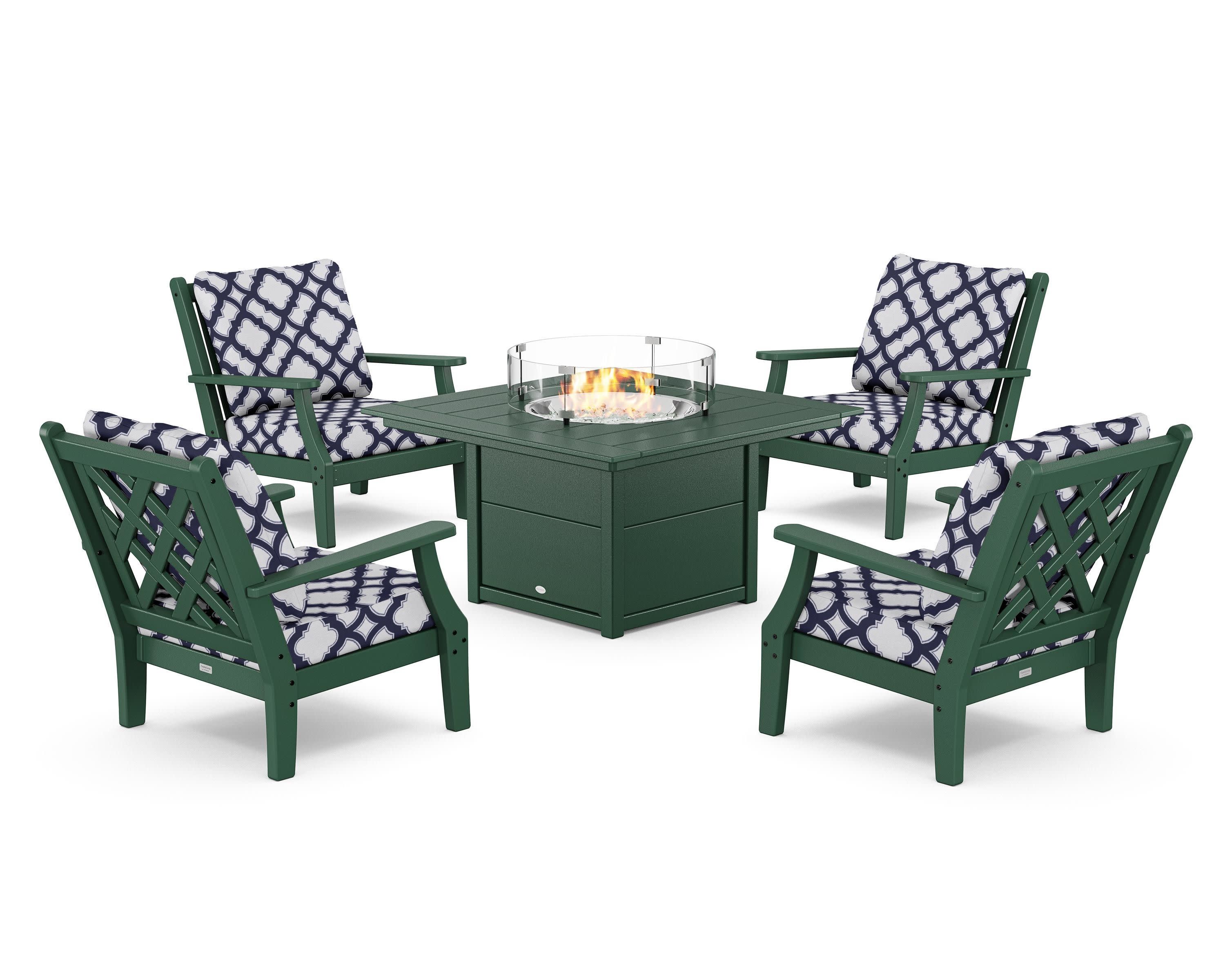 Wovendale 5-Piece Deep Seating Set with Fire Pit Table in Green / Trellis Navy
