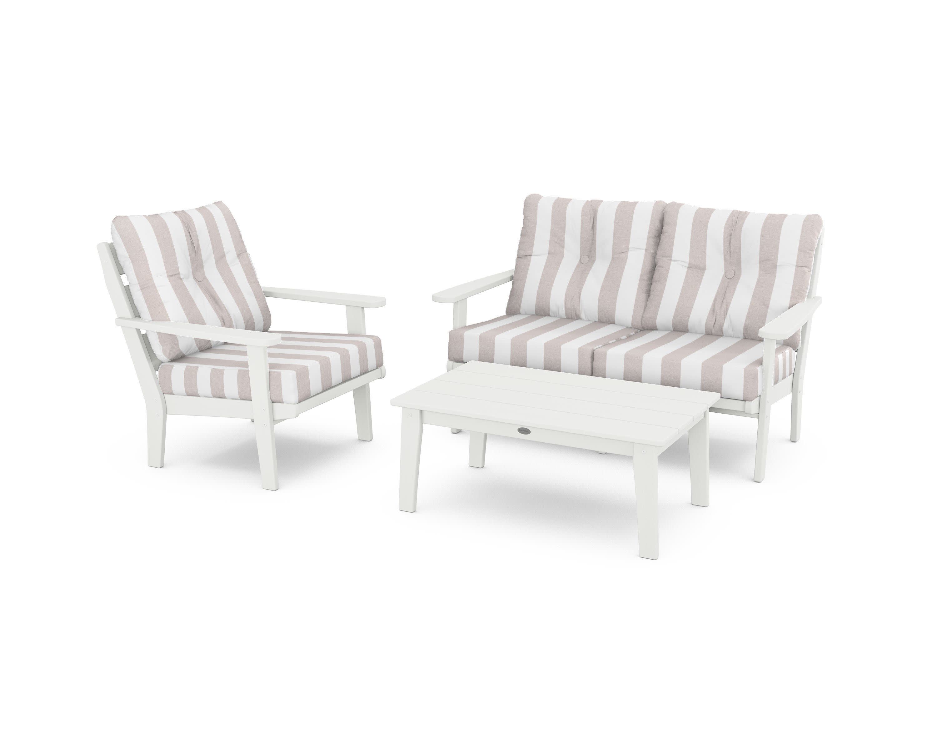 Lakeside 3-Piece Deep Seating Set in Vintage White / Cabana Stripe Dune Burlap