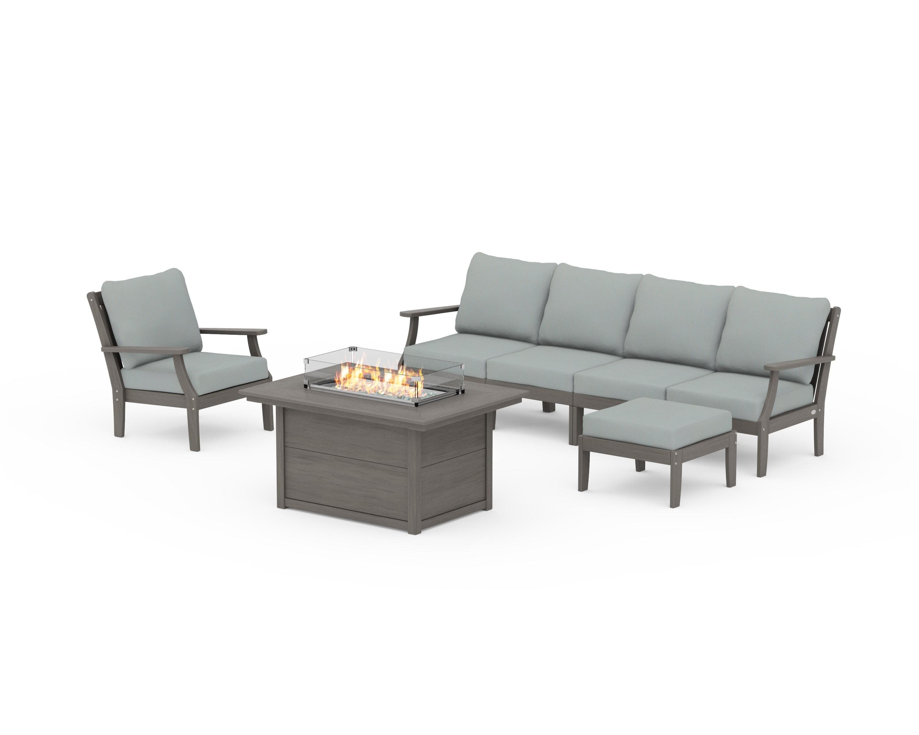 Braxton Sectional Lounge and Fire Pit Set in Driftwood / Spa