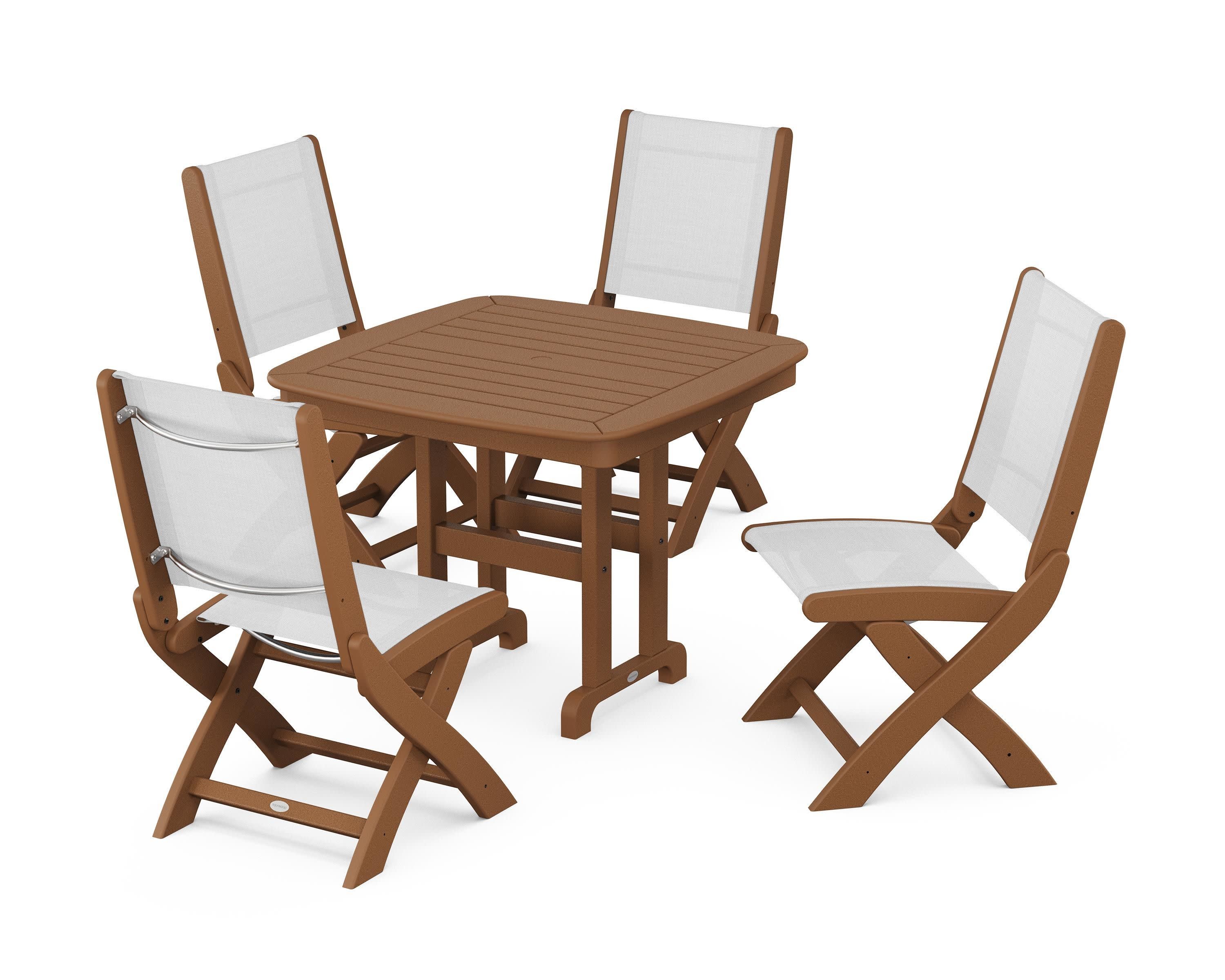 Coastal Folding Side Chair 5-Piece Dining Set in Teak / White Sling