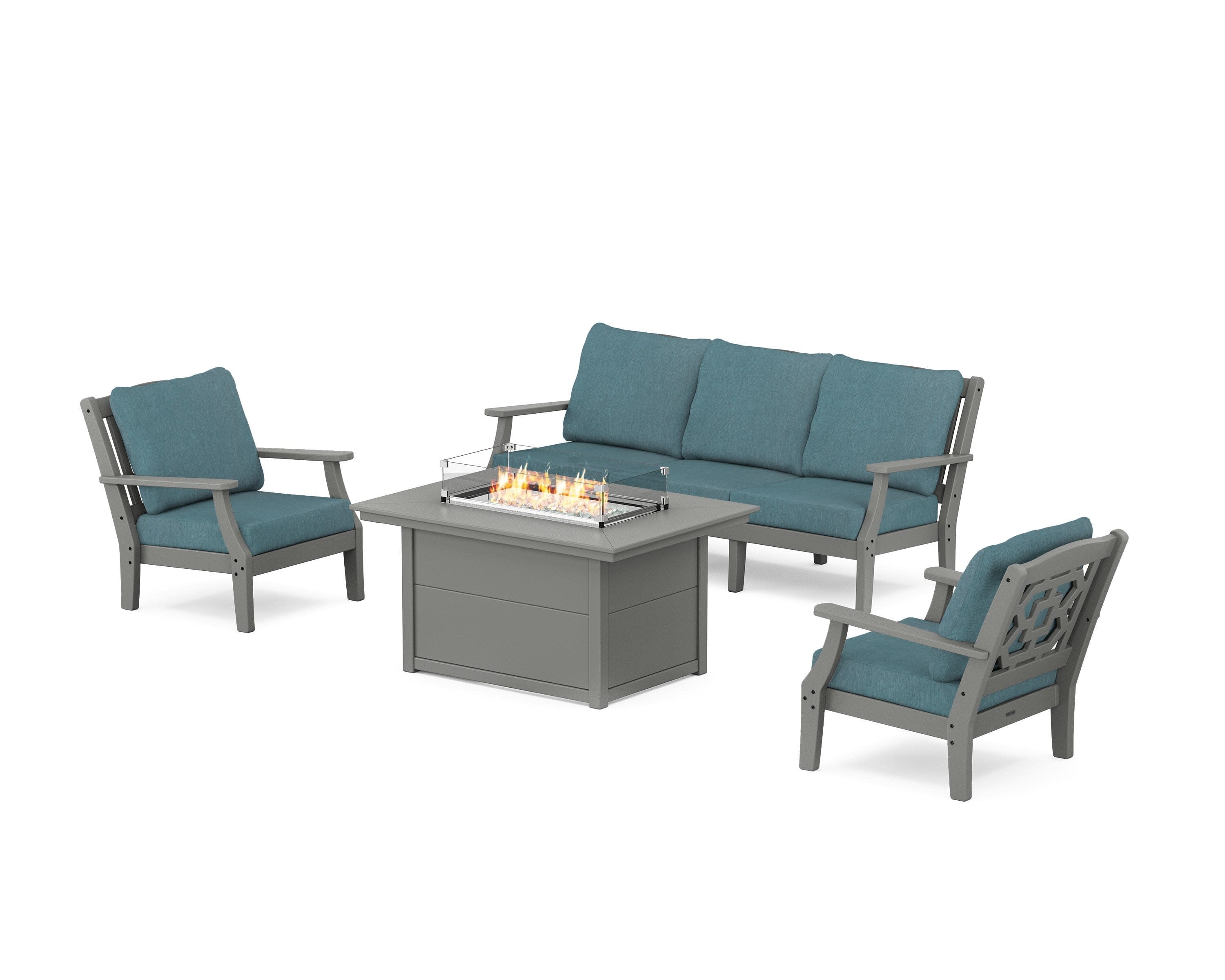 Chinoiserie Deep Seating Fire Pit Table Set in Slate Grey / Ocean Teal
