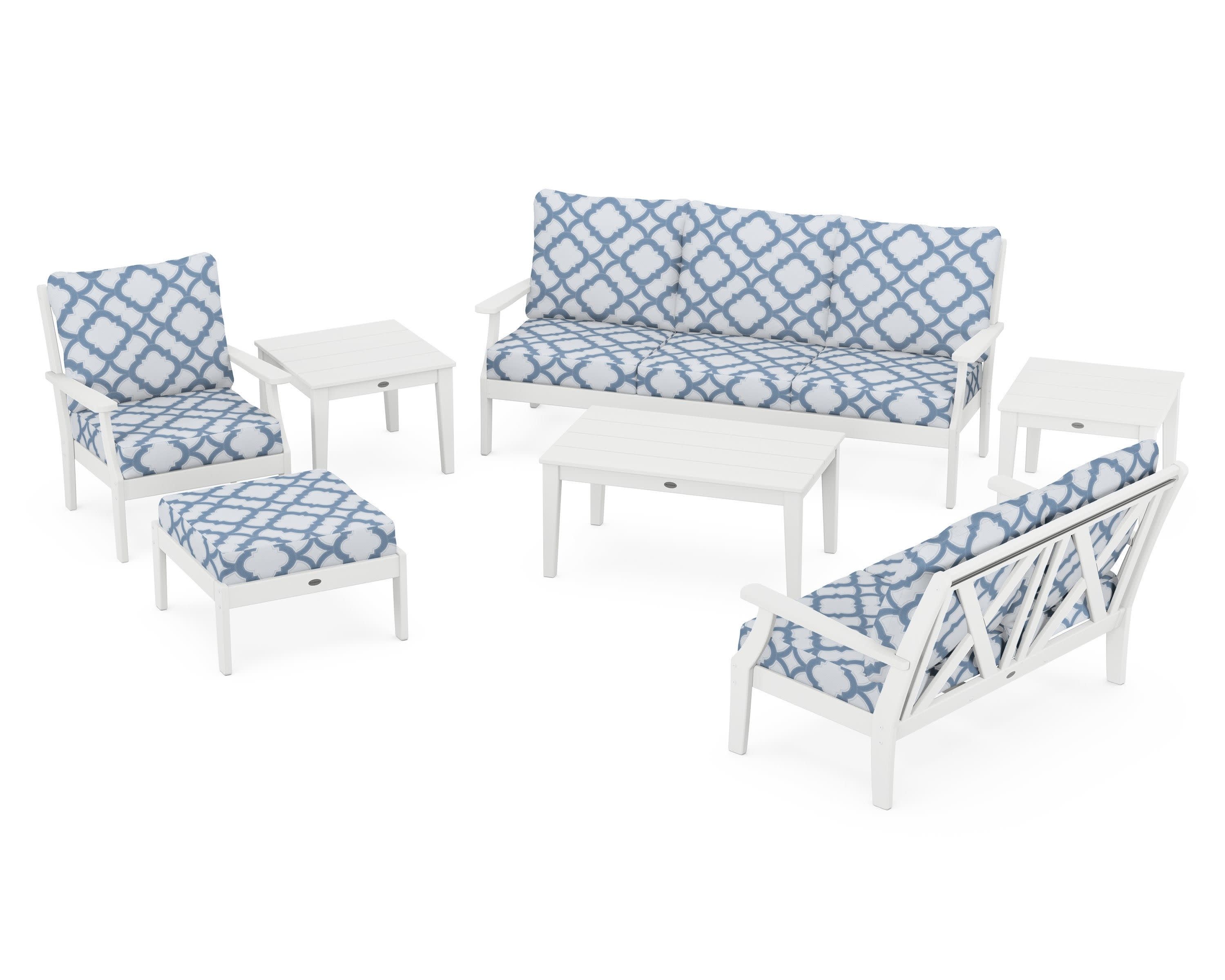 Braxton 7-Piece Deep Seating Set in White / Trellis Sky Blue