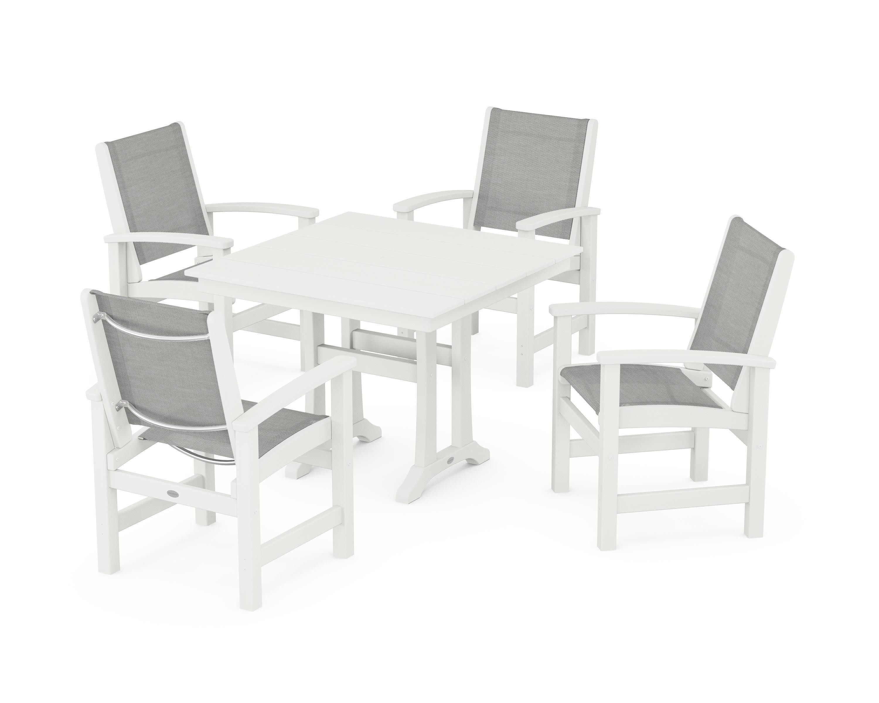Coastal 5-Piece Farmhouse Dining Set With Trestle Legs in Vintage White / Metallic Sling