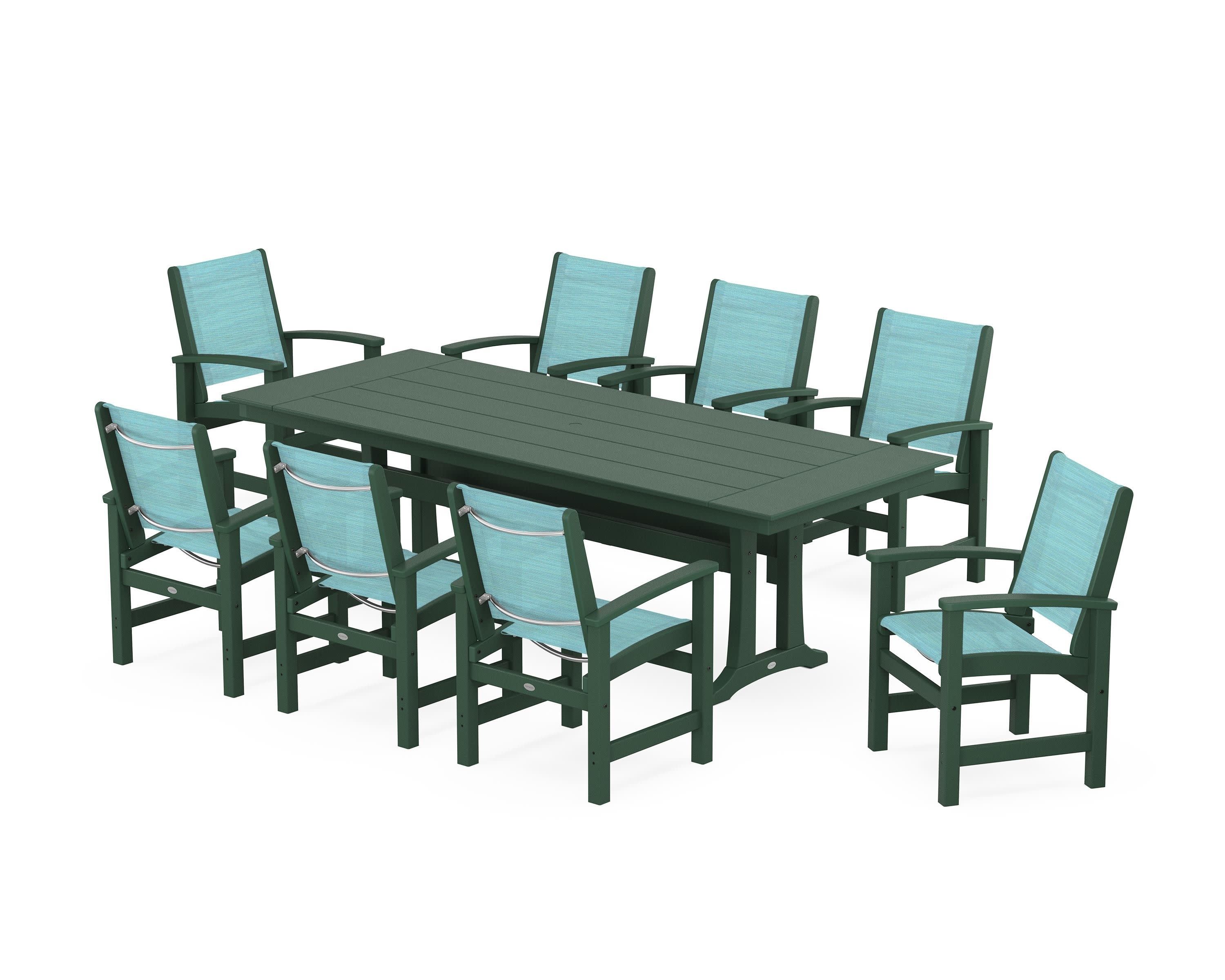 Coastal 9-Piece Farmhouse Dining Set with Trestle Legs in Green / Dupioni Aquamarine Sling