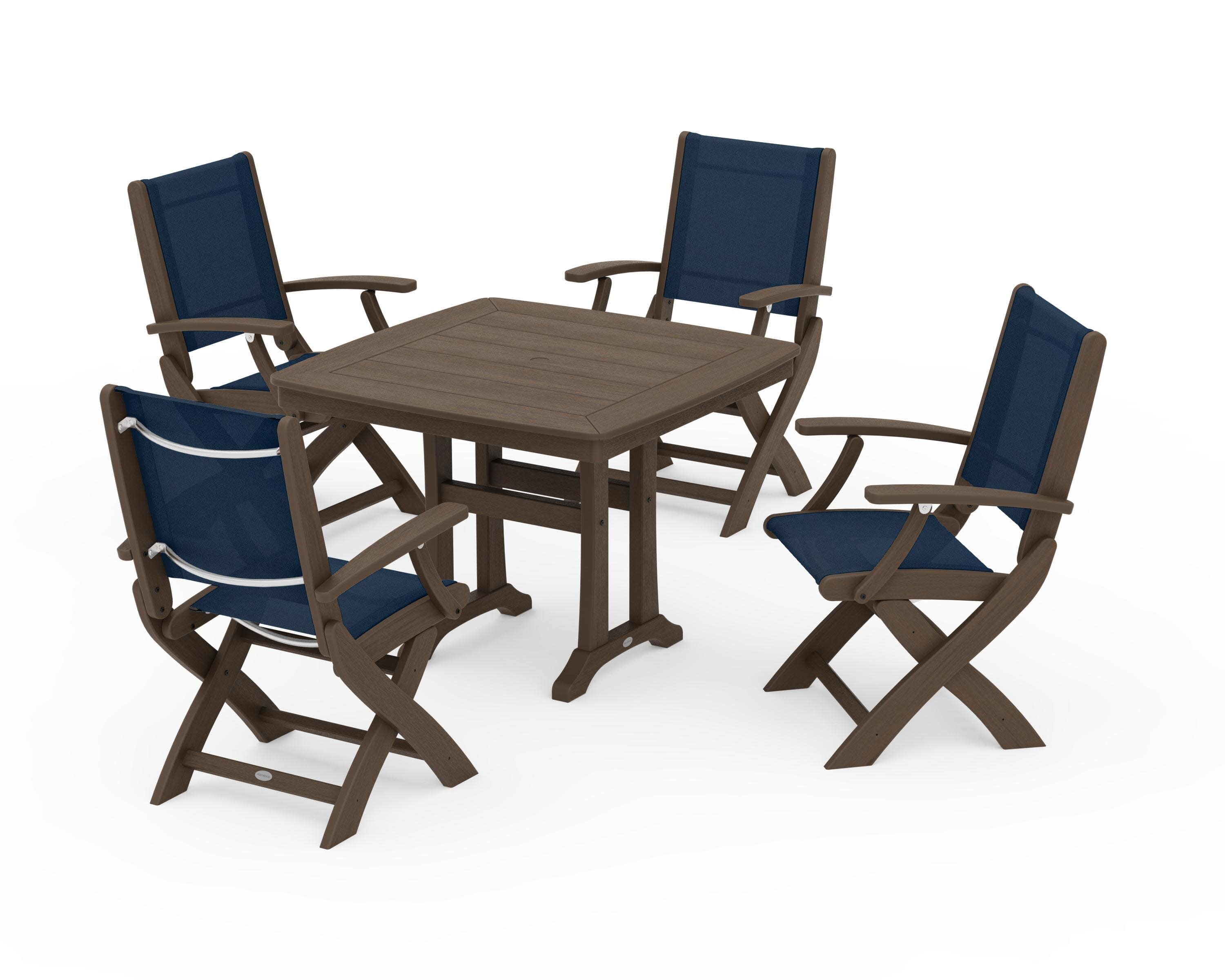 Coastal Folding Chair 5-Piece Dining Set with Trestle Legs in Kona / Navy Blue Sling