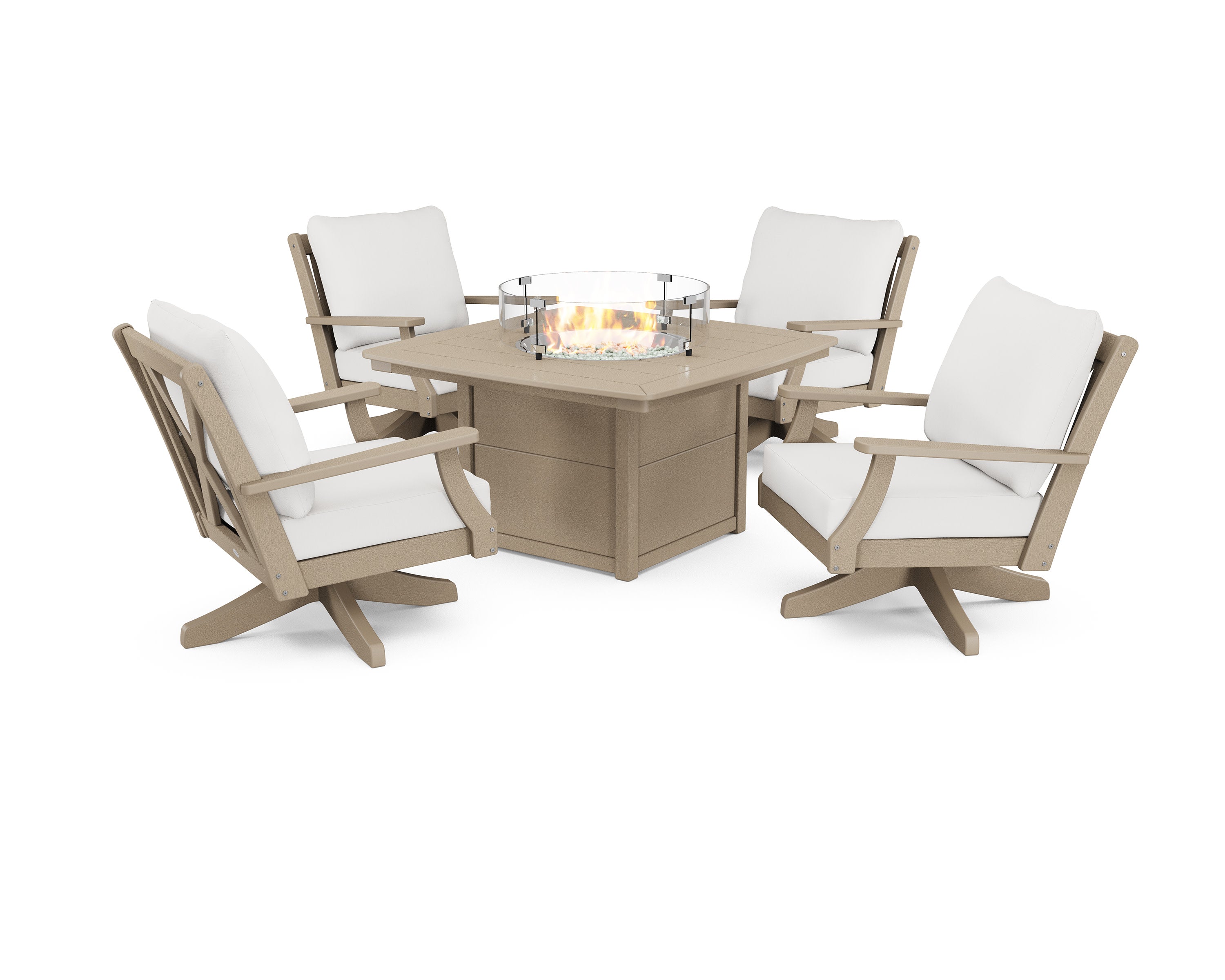 Braxton 5-Piece Deep Seating Swivel Conversation Set with Fire Pit Table in Vintage Sahara / Natural Linen