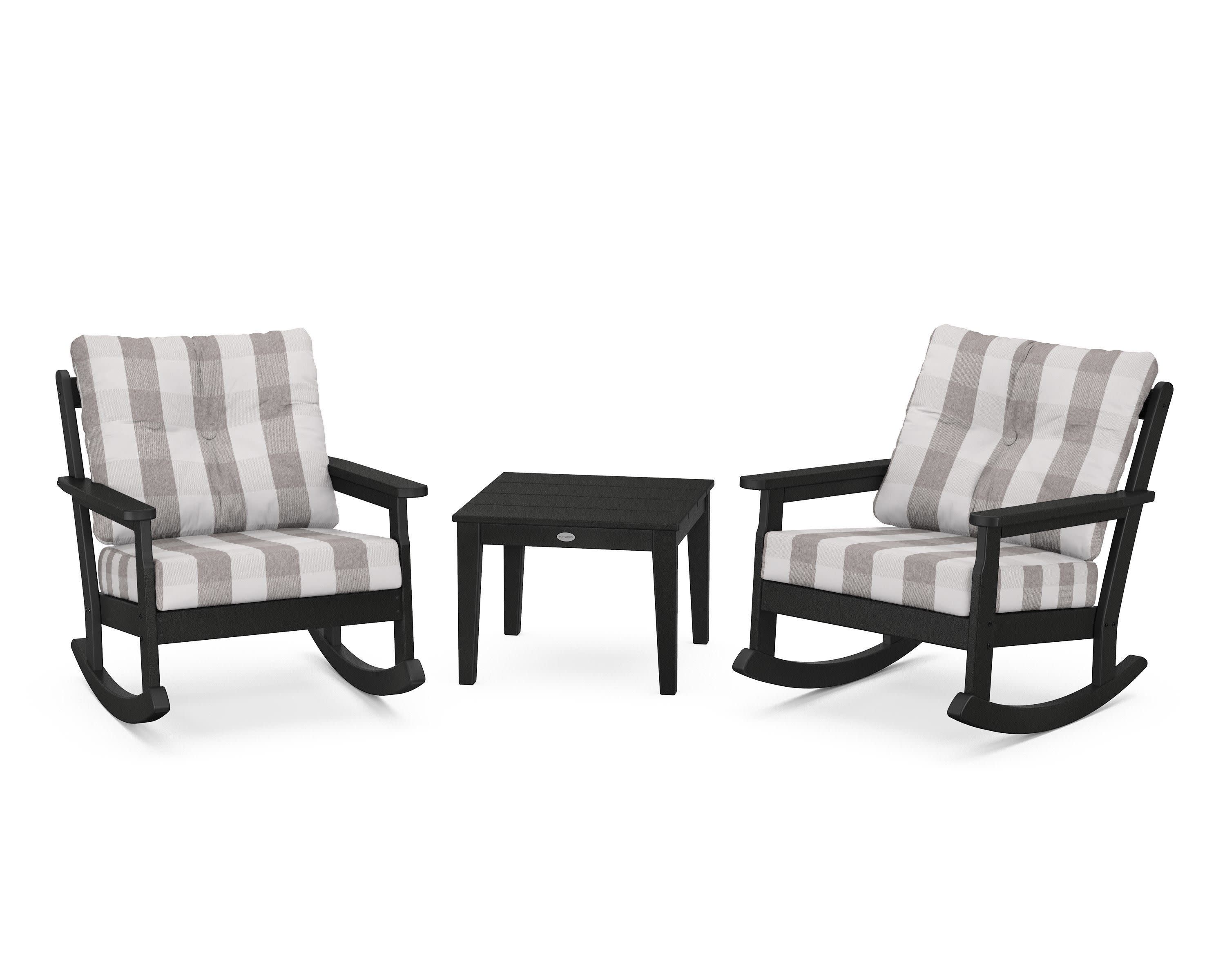 Vineyard 3-Piece Deep Seating Rocker Set in Black / Buffalo Plaid Grey Mist